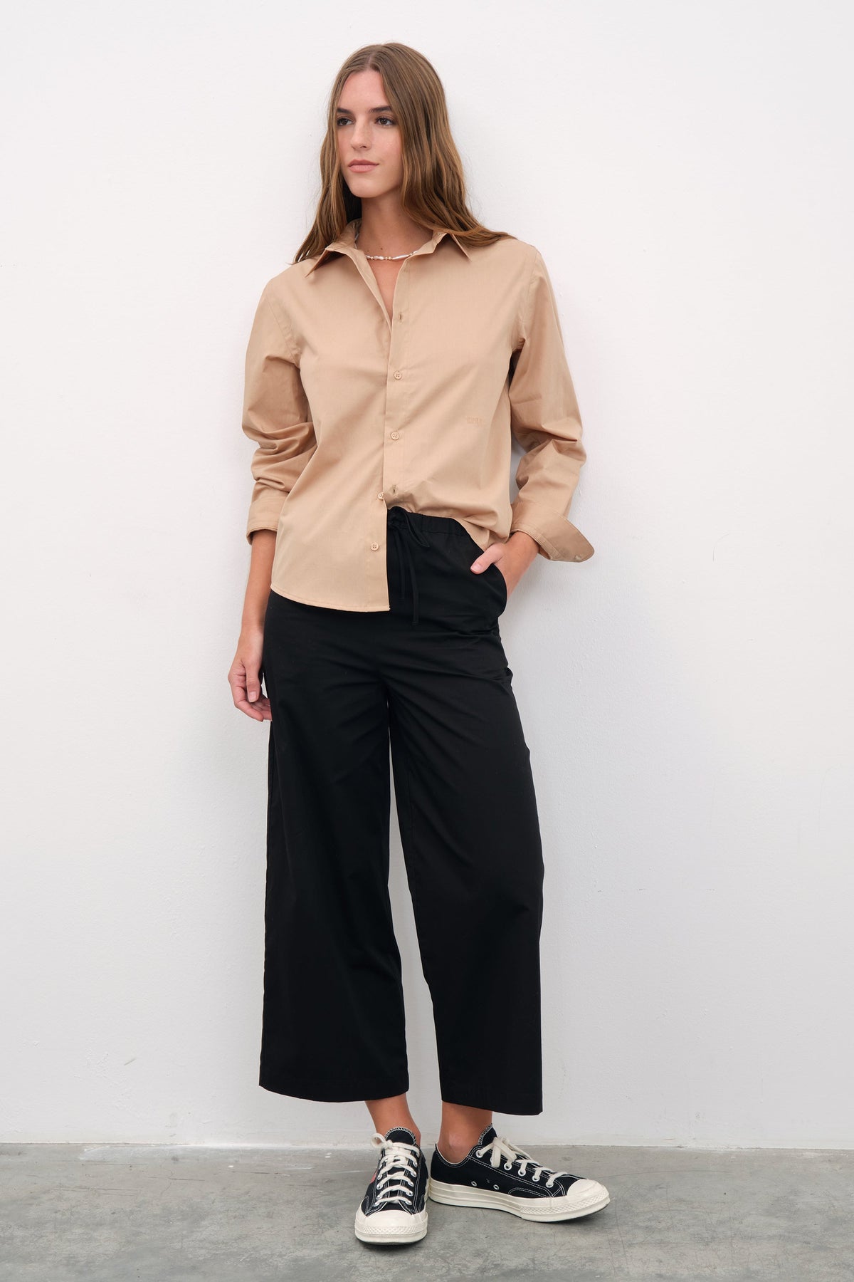 Pull-On Cropped Palazzo Poplin Pants