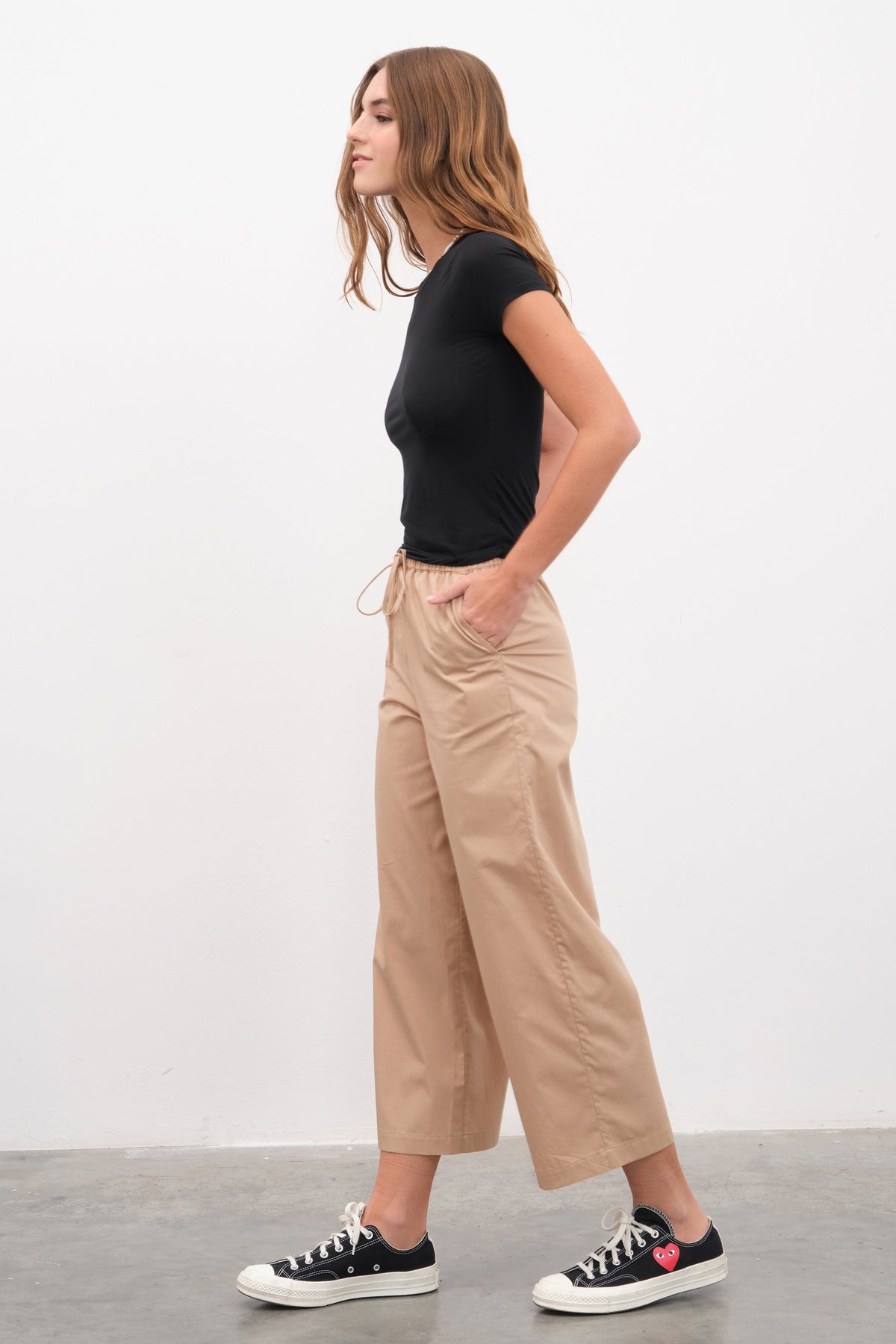 Pull-On Cropped Palazzo Poplin Pants
