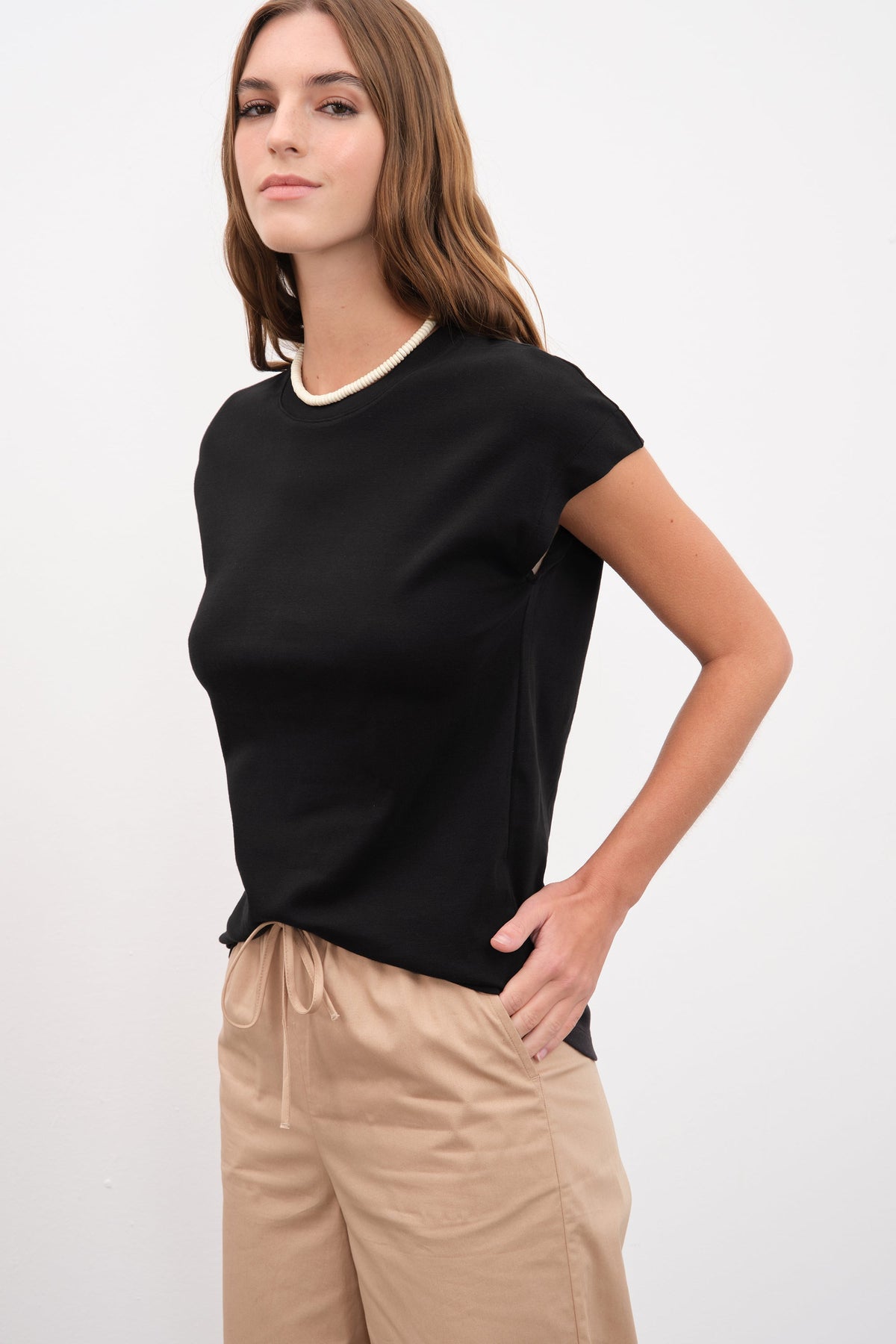 Capped Shoulder T-shirt in Micro-Ribbed Cotton