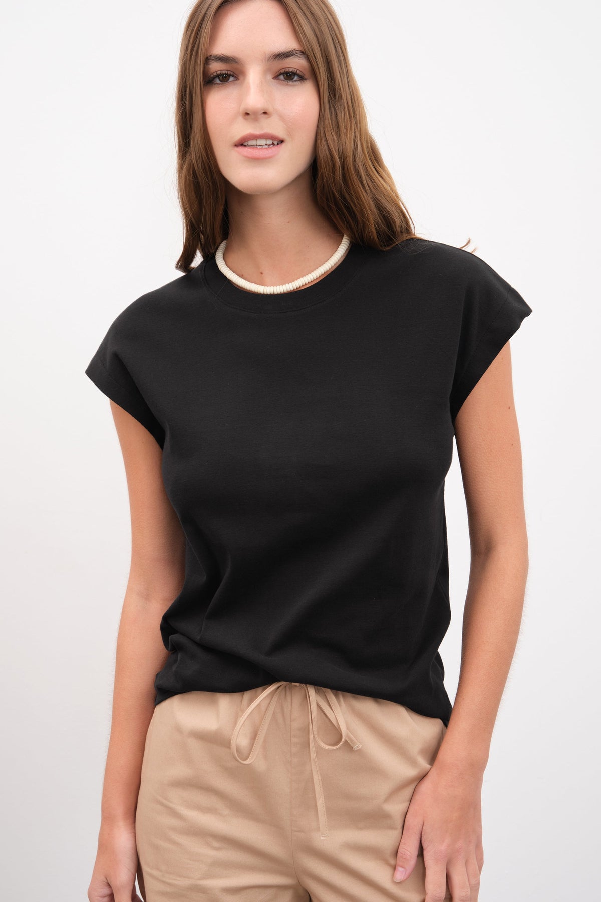 Capped Shoulder T-shirt in Micro-Ribbed Cotton