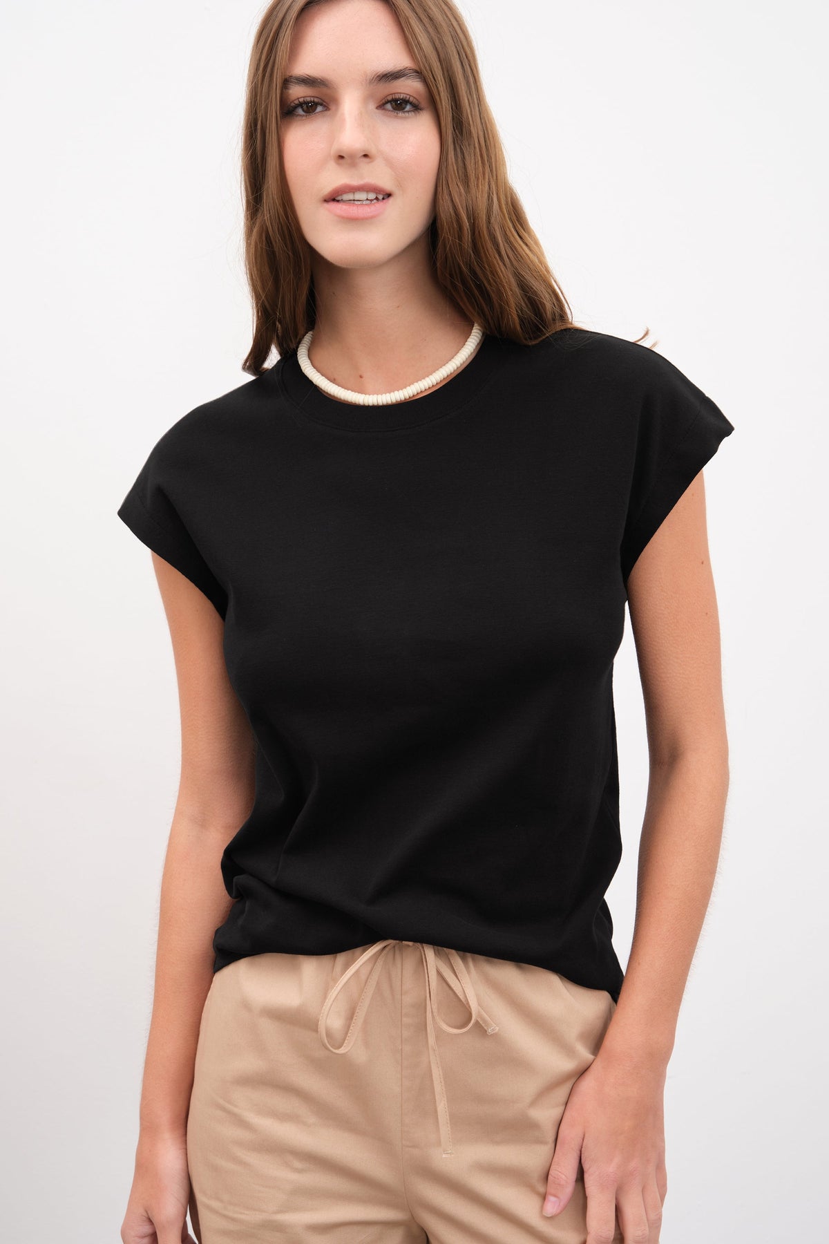 Capped Shoulder T-shirt in Micro-Ribbed Cotton