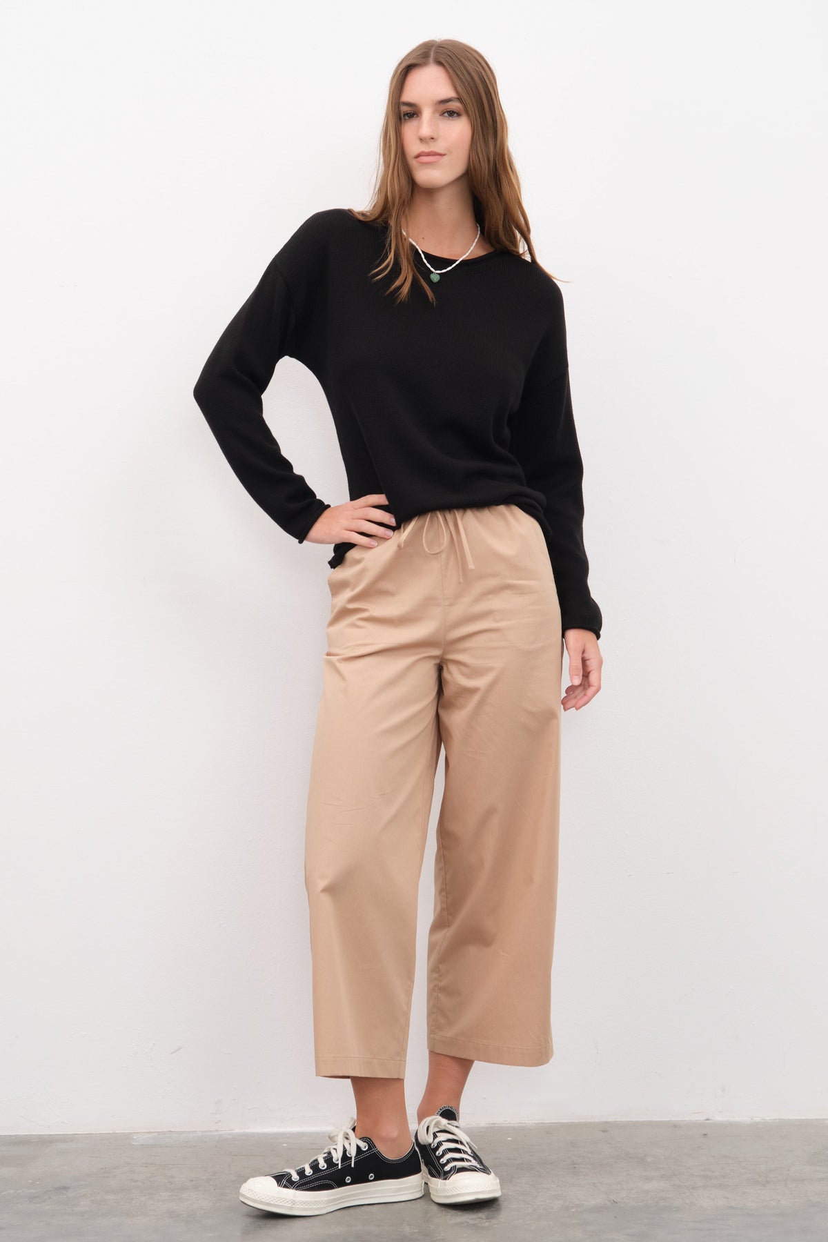 Pull-On Cropped Palazzo Poplin Pants