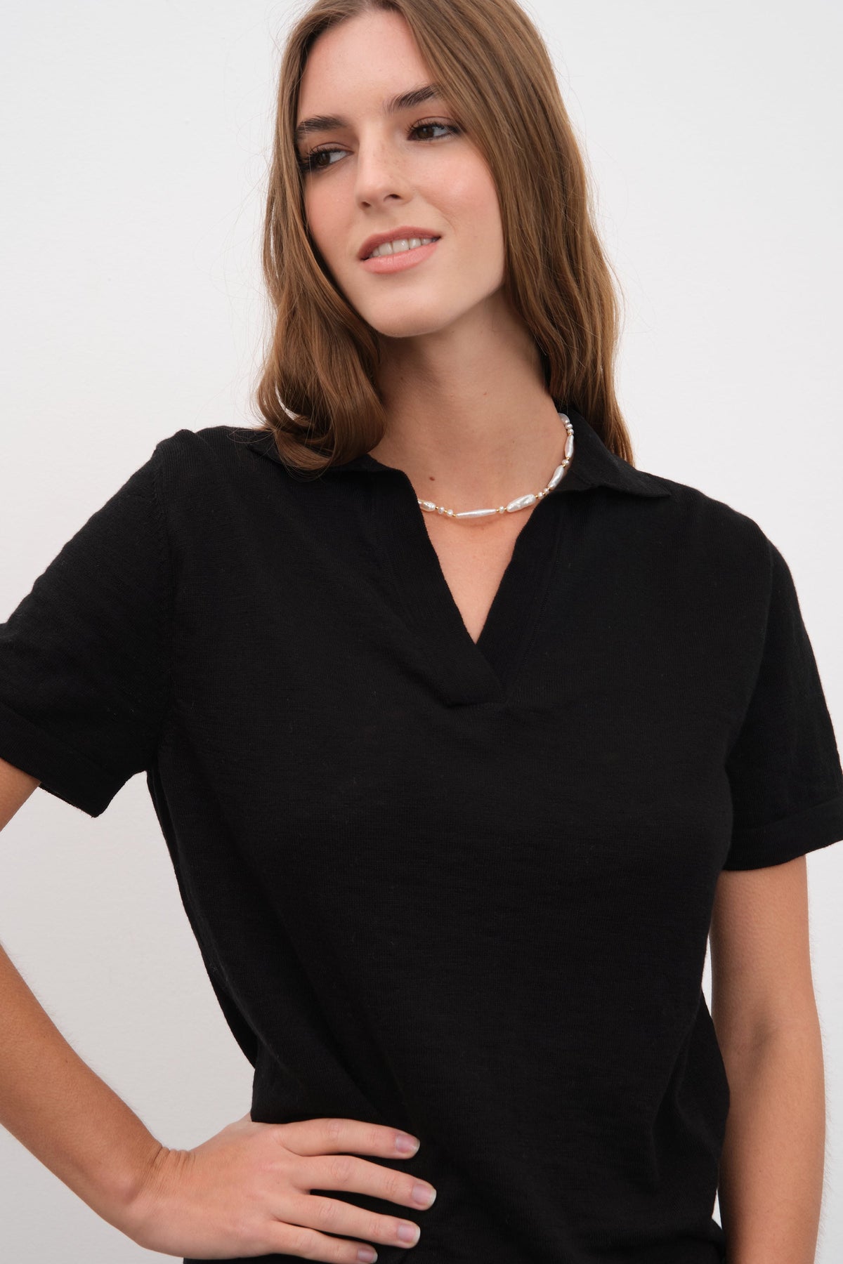 Polo Neck Unisex Knit T-shirt in Slub Cotton