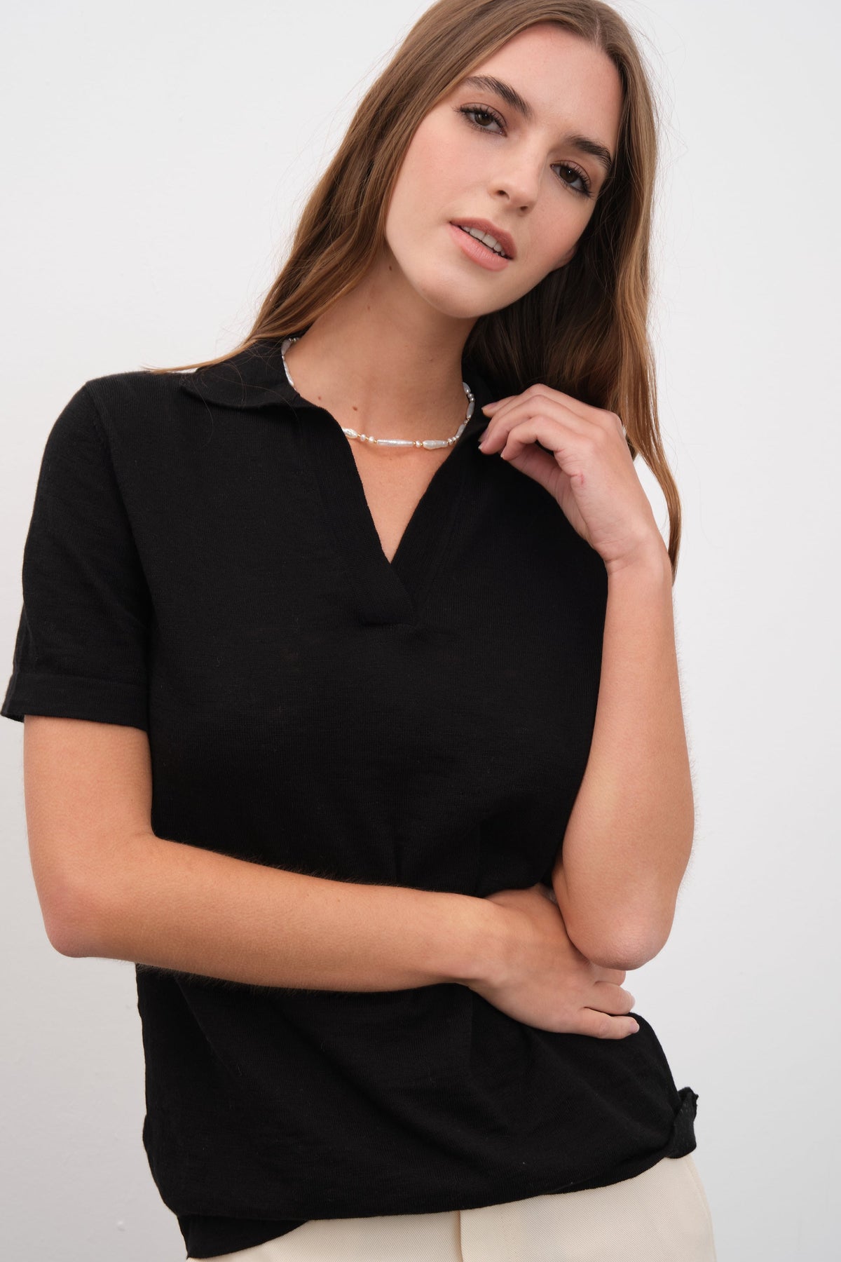 Polo Neck Unisex Knit T-shirt in Slub Cotton