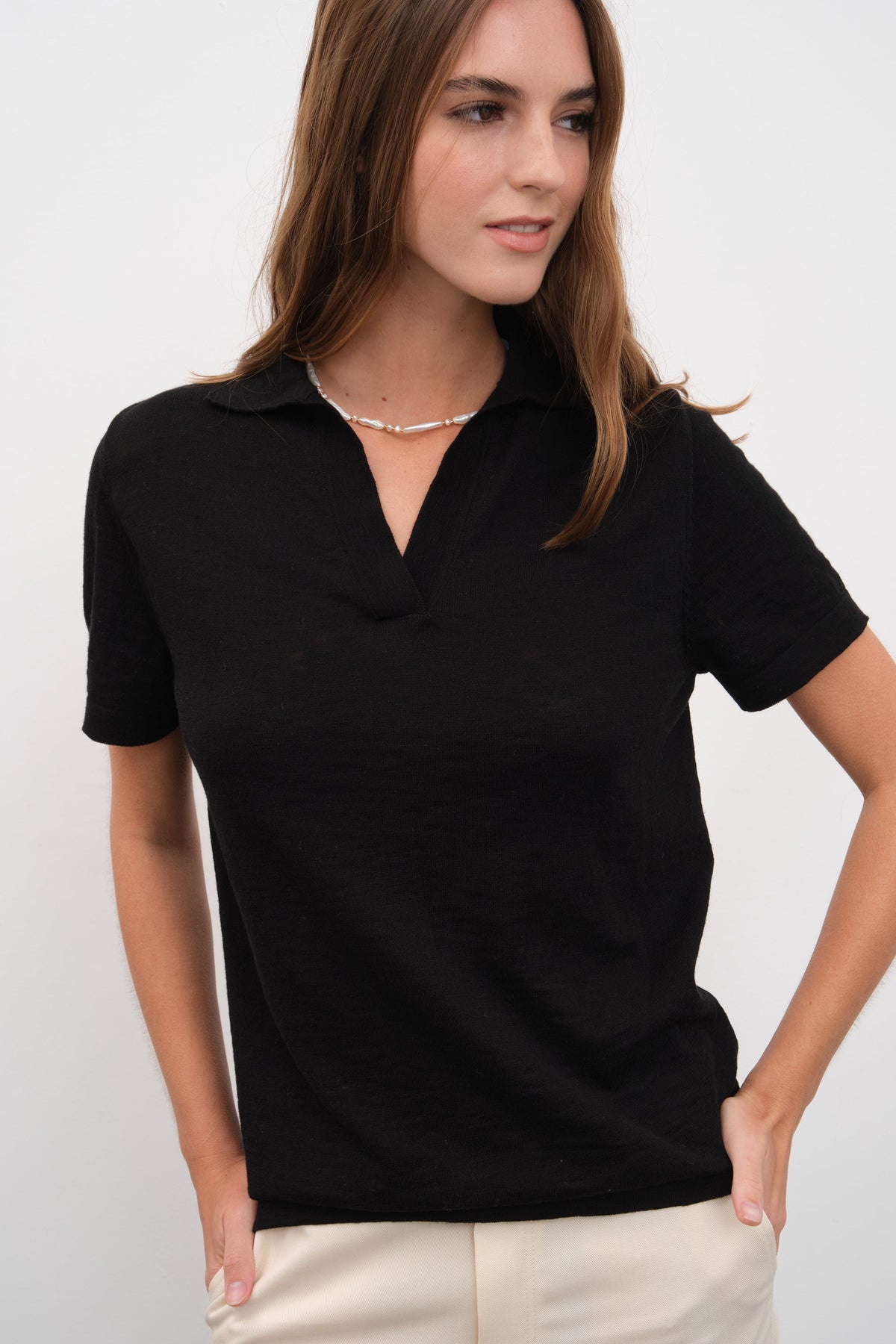 Polo Neck Unisex Knit T-shirt in Slub Cotton