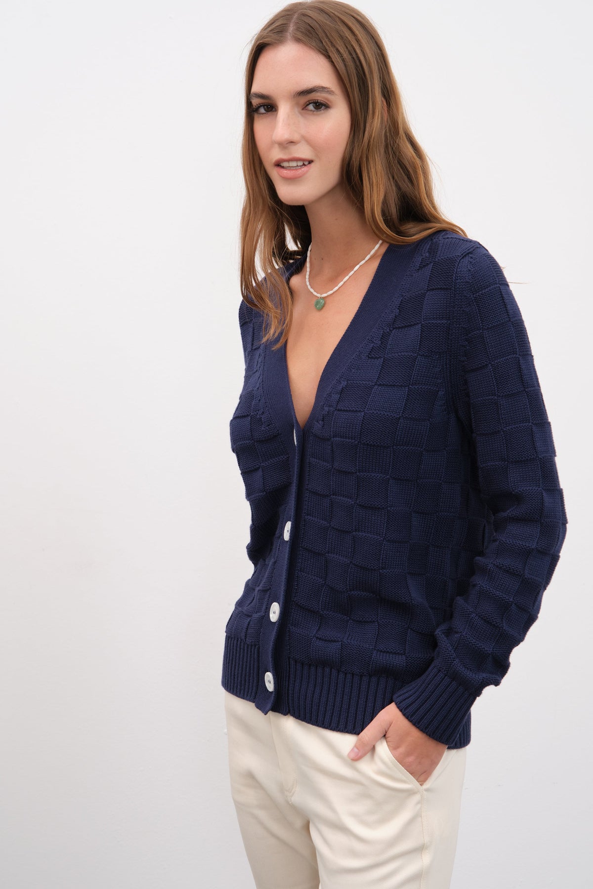 Checker Cardigan in Cotton Modal Blend