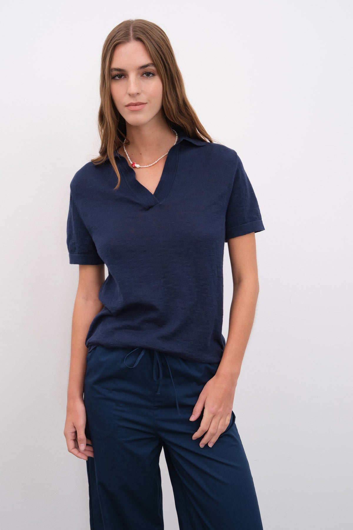 Polo Neck Unisex Knit T-shirt in Slub Cotton