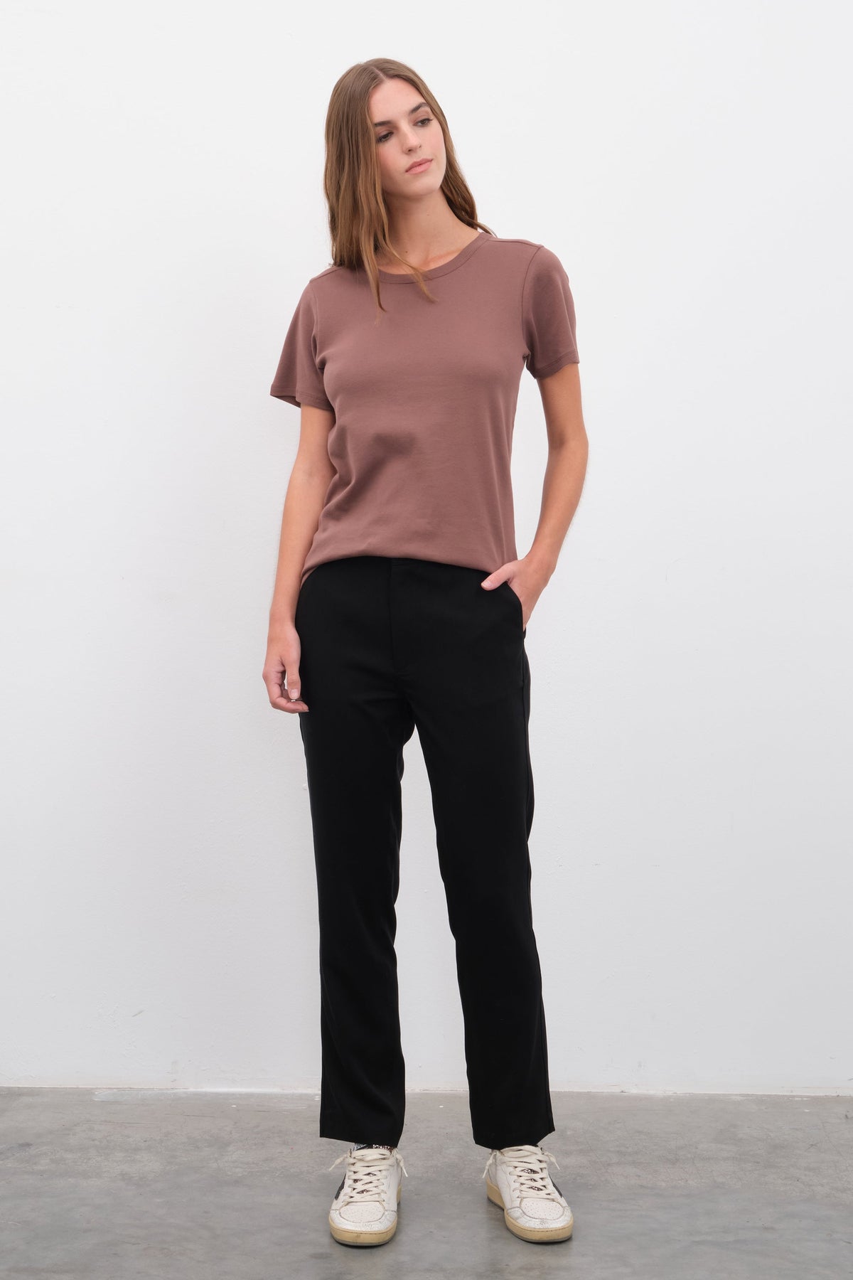 Crew Neck Fitted T-shirt in Micro-Ribbed Cotton