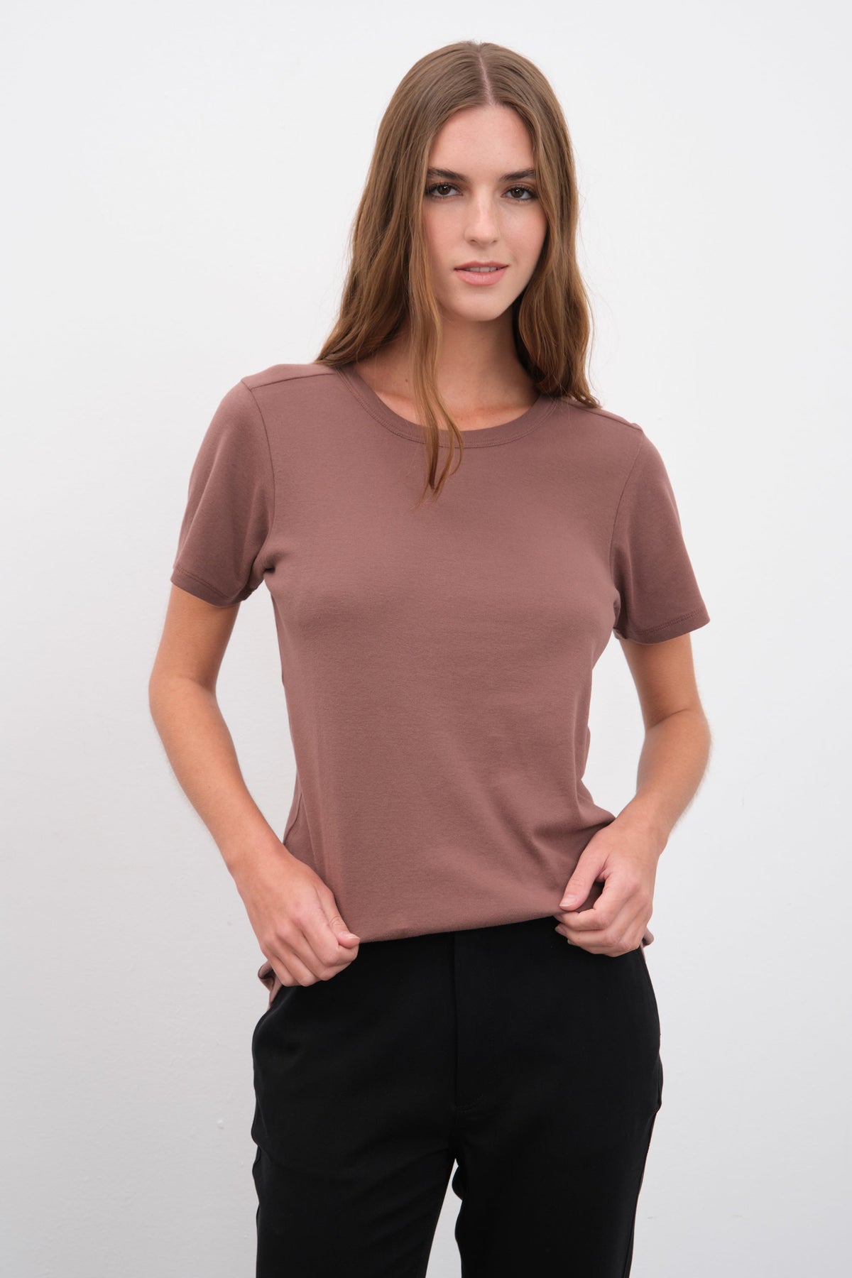 Crew Neck Fitted T-shirt in Micro-Ribbed Cotton