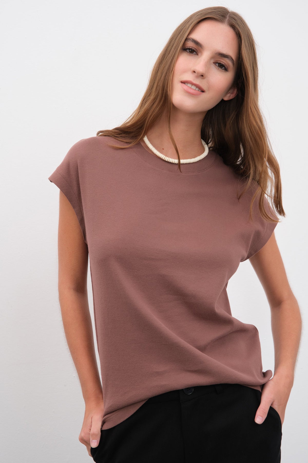 Capped Shoulder T-shirt in Micro-Ribbed Cotton