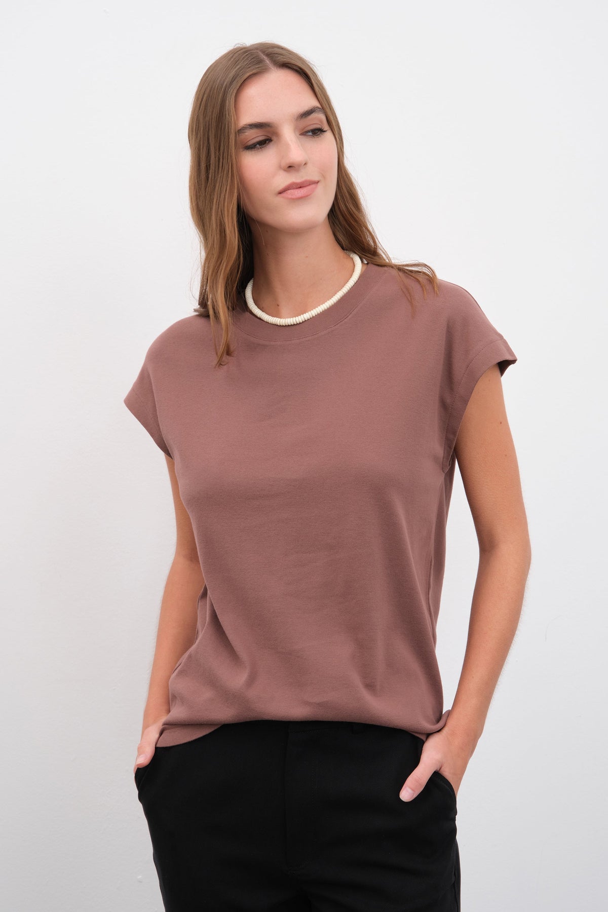 Capped Shoulder T-shirt in Micro-Ribbed Cotton