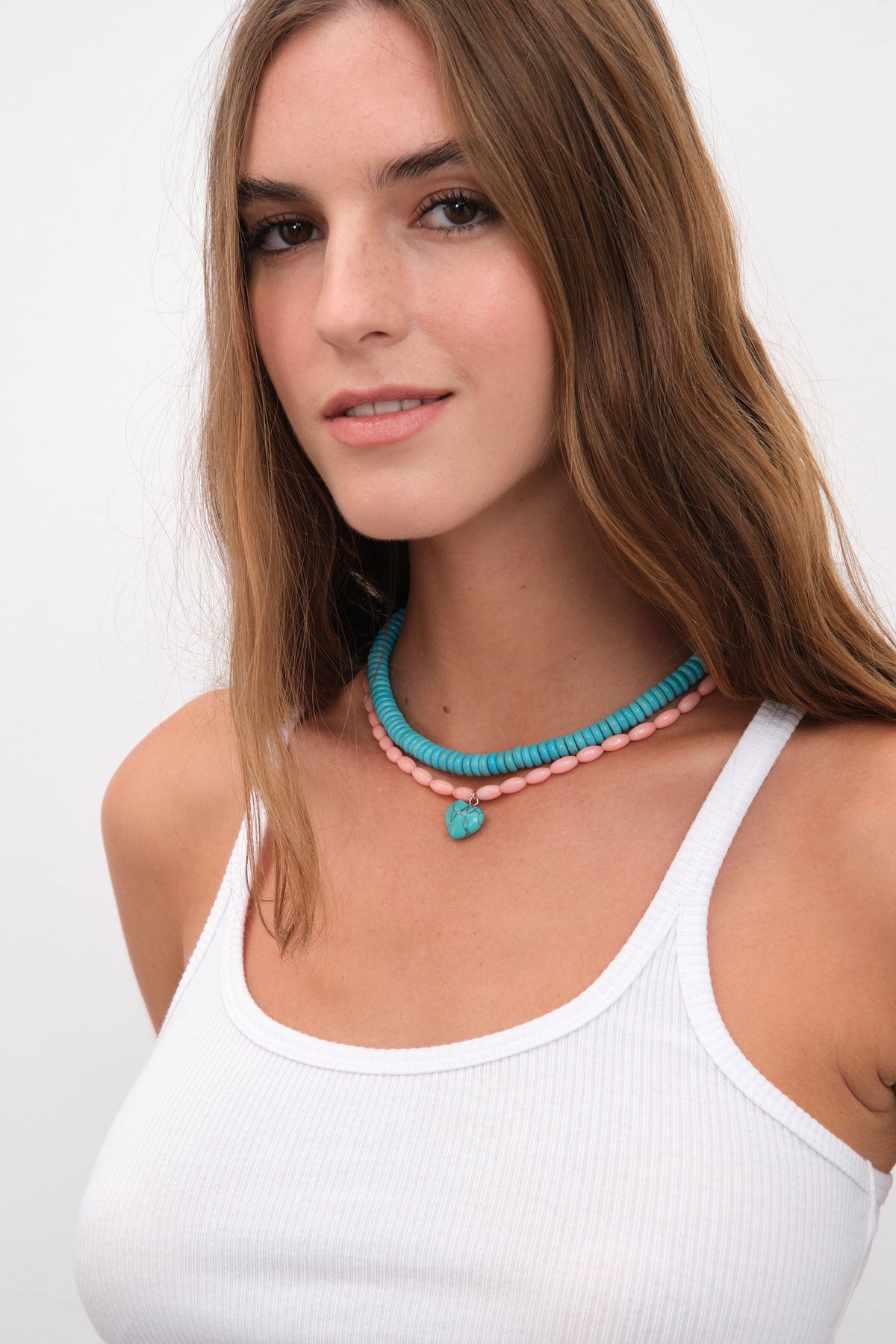 Pink Coral Turquoise Stone Heart Necklace