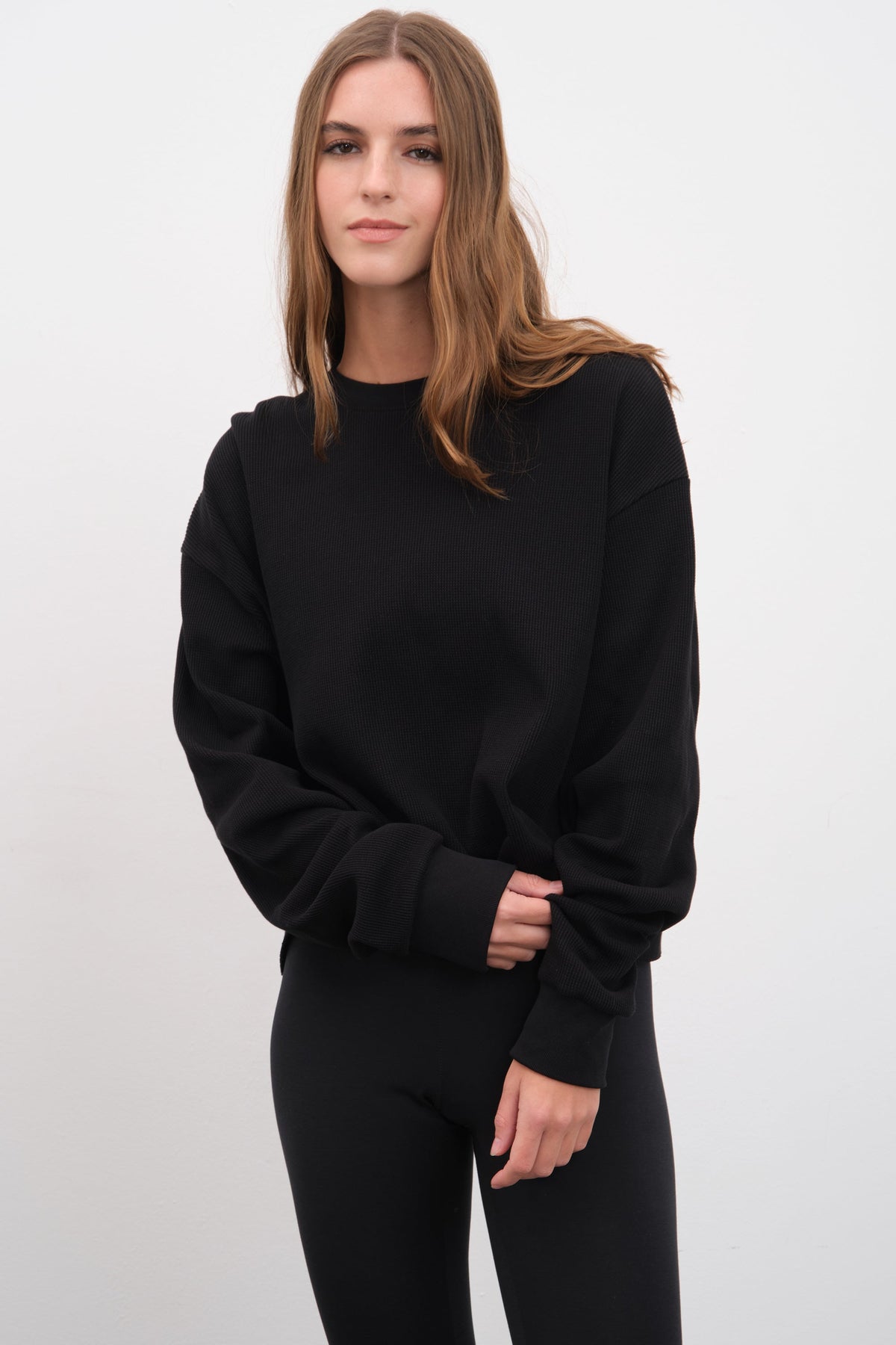 Waffle Cotton Cropped Oversize Sweatshirt