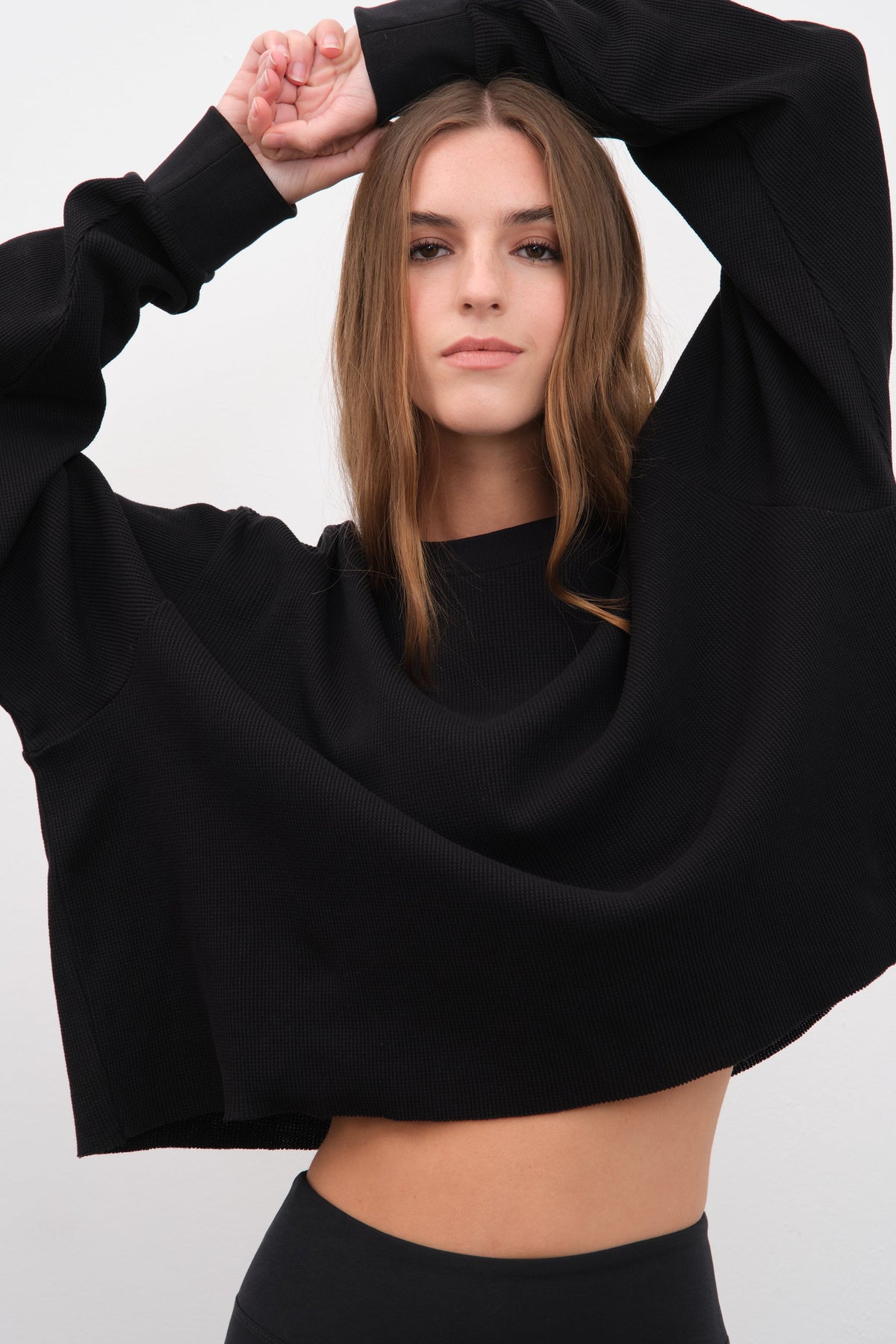 Waffle Cotton Cropped Oversize Sweatshirt