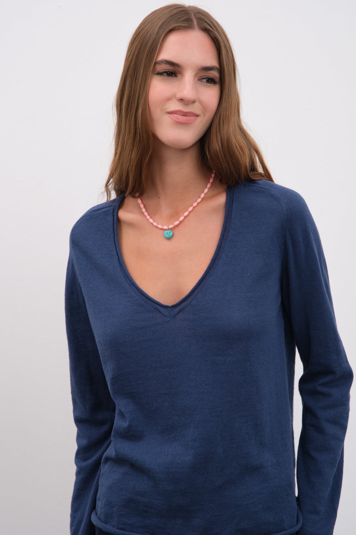 Lightweight V Neck Sweater in Cotton/Linen Blend