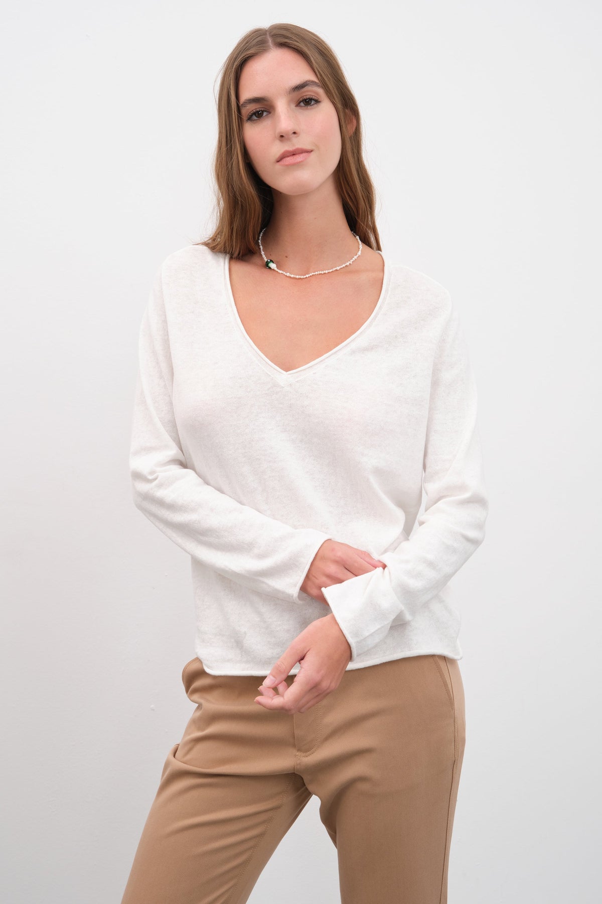 Lightweight V Neck Sweater in Cotton/Linen Blend