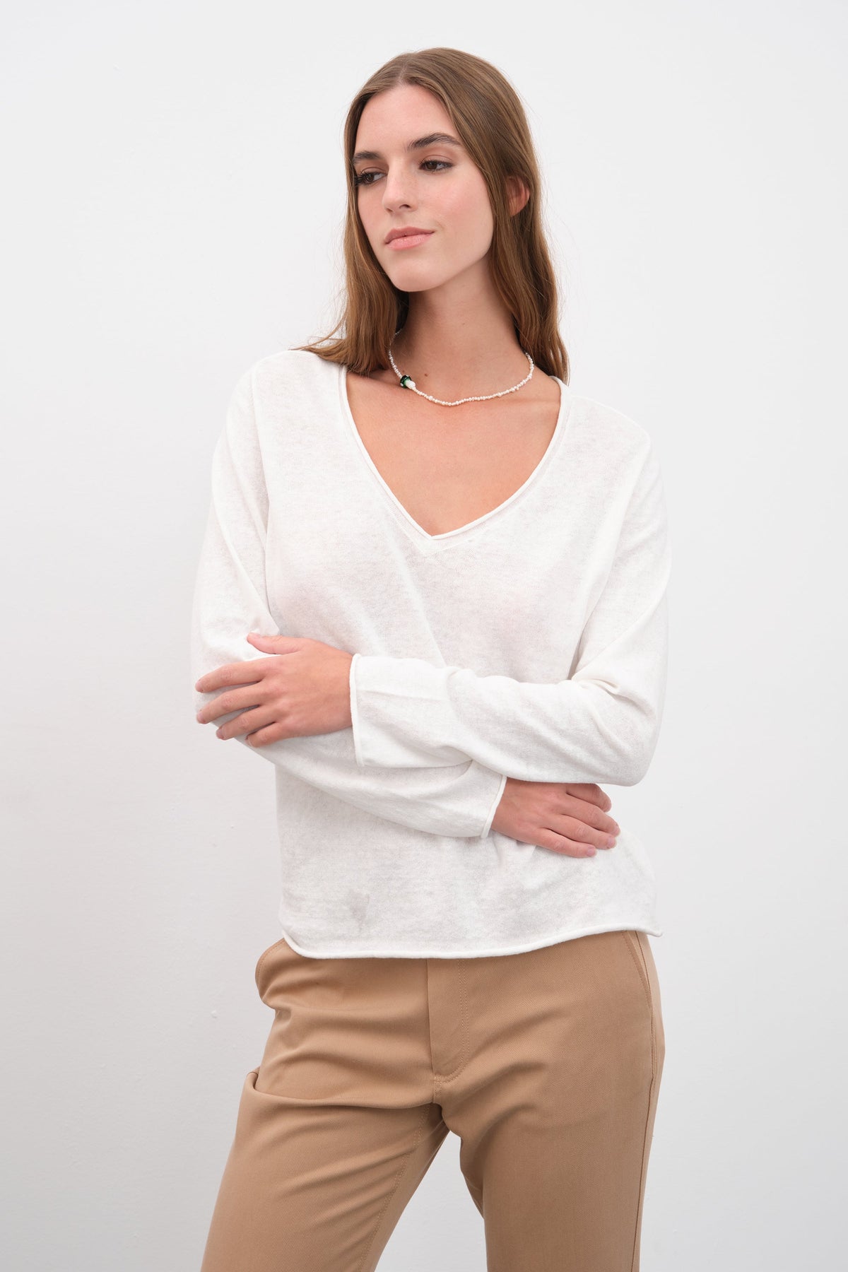 Lightweight V Neck Sweater in Cotton/Linen Blend
