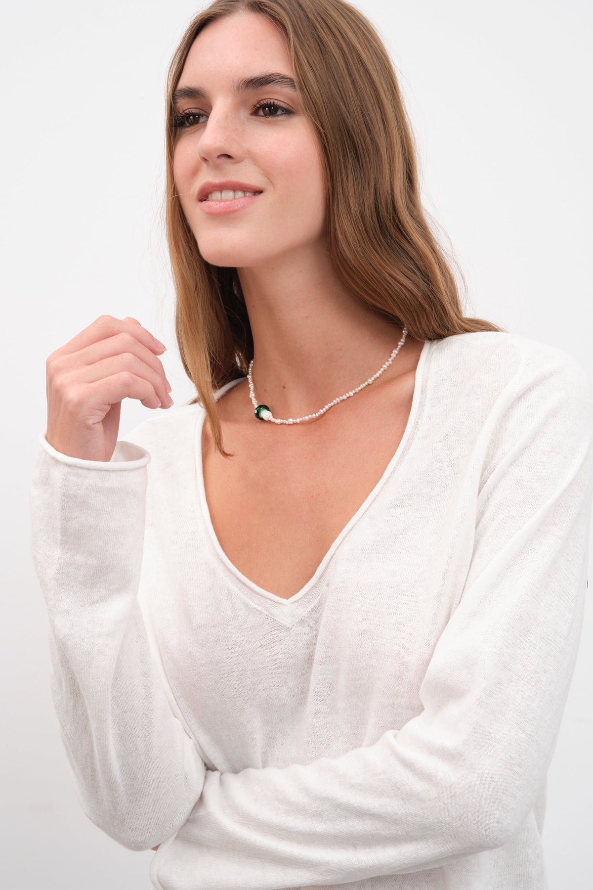 Lightweight V Neck Sweater in Cotton/Linen Blend