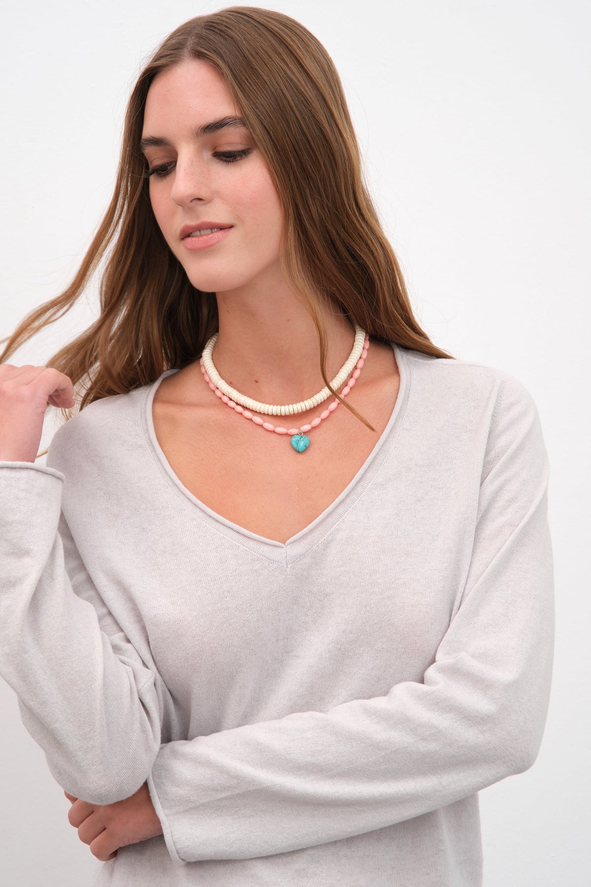 Pink Coral Turquoise Stone Heart Necklace