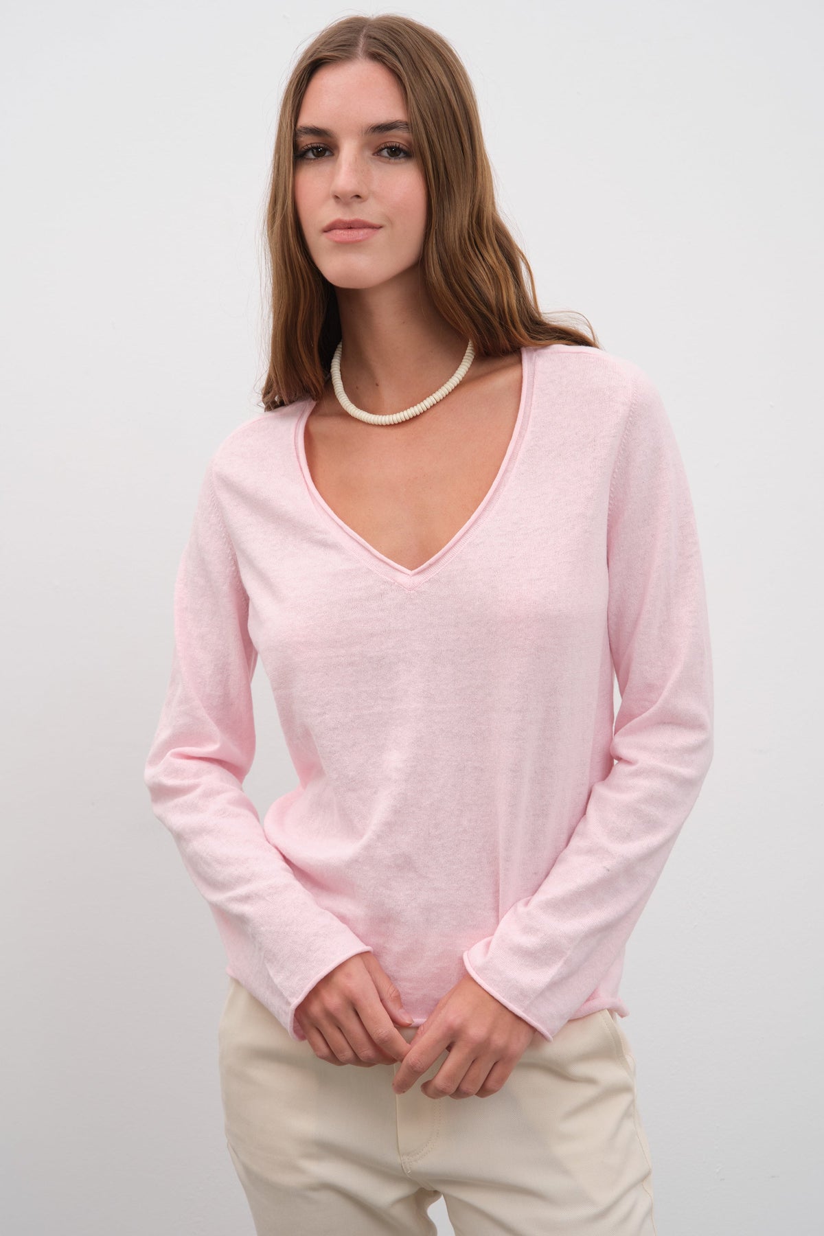 Lightweight V Neck Sweater in Cotton/Linen Blend