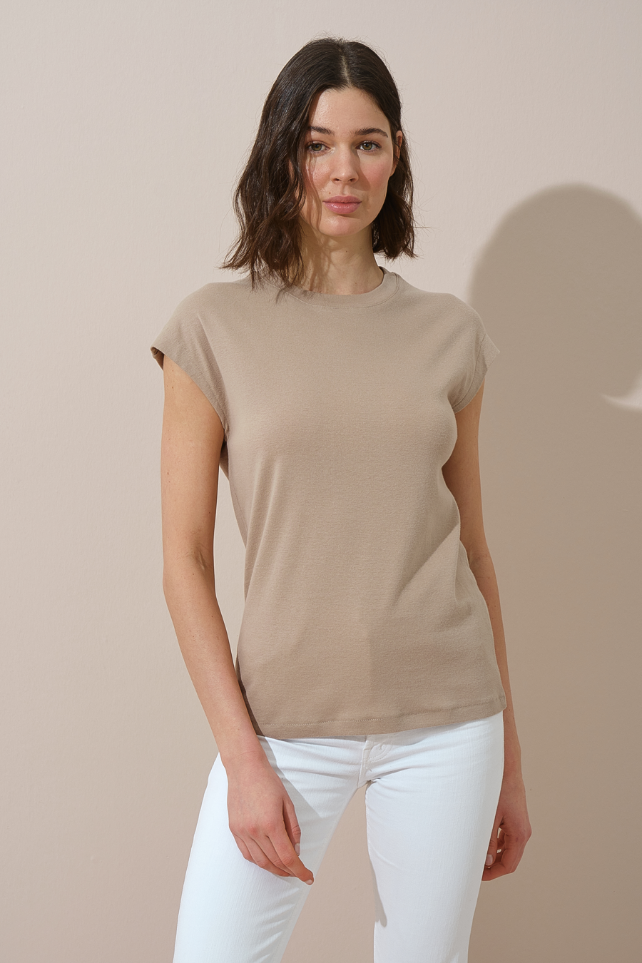 Capped Shoulder T-shirt in Micro-Ribbed Cotton