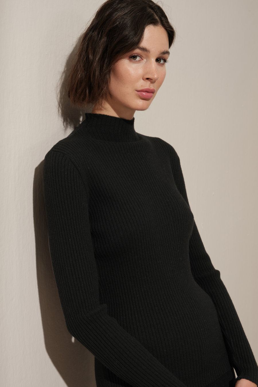 Ribbed Mock Neck Lightweight Cashmere Merino Sweater