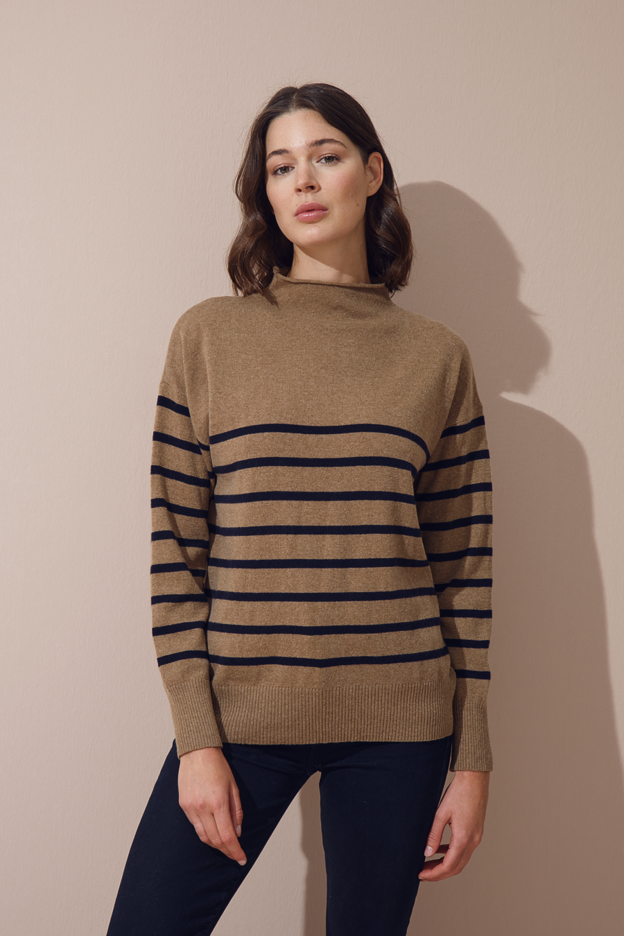 Rolled Neck Striped Cashmere Merino Sweater