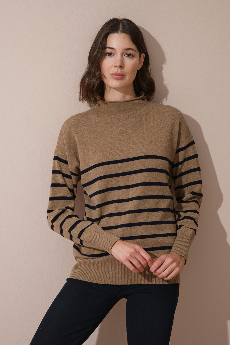 Rolled Neck Striped Cashmere Merino Sweater