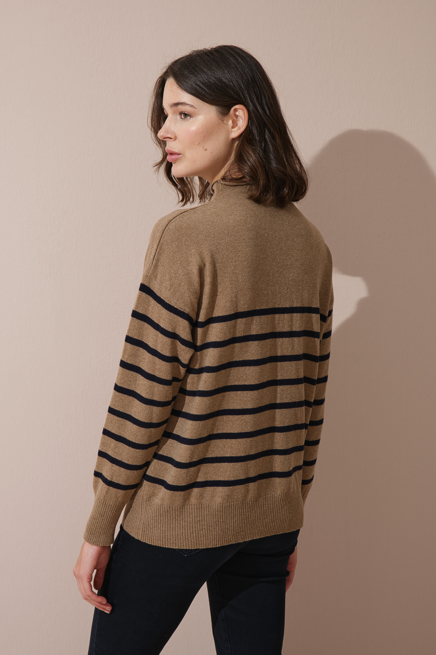 Rolled Neck Striped Cashmere Merino Sweater