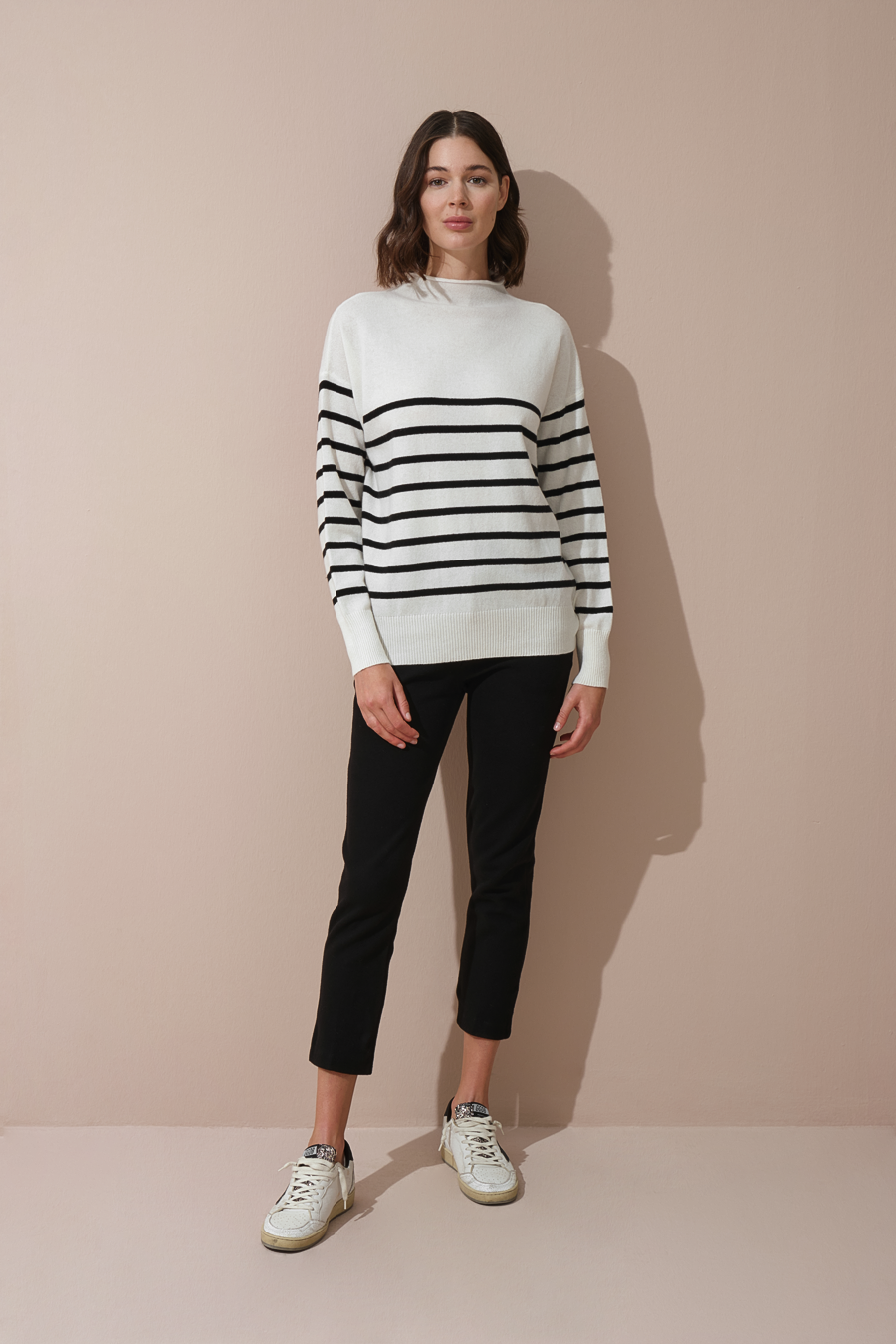 Rolled Neck Striped Cashmere Merino Sweater