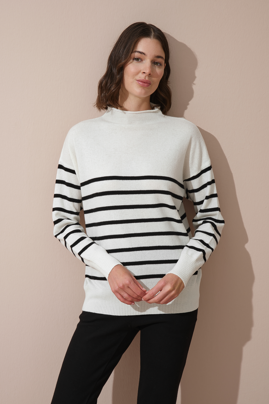 Rolled Neck Striped Cashmere Merino Sweater