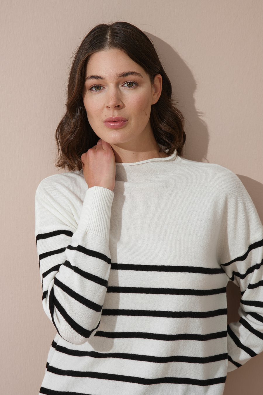 Rolled Neck Striped Cashmere Merino Sweater