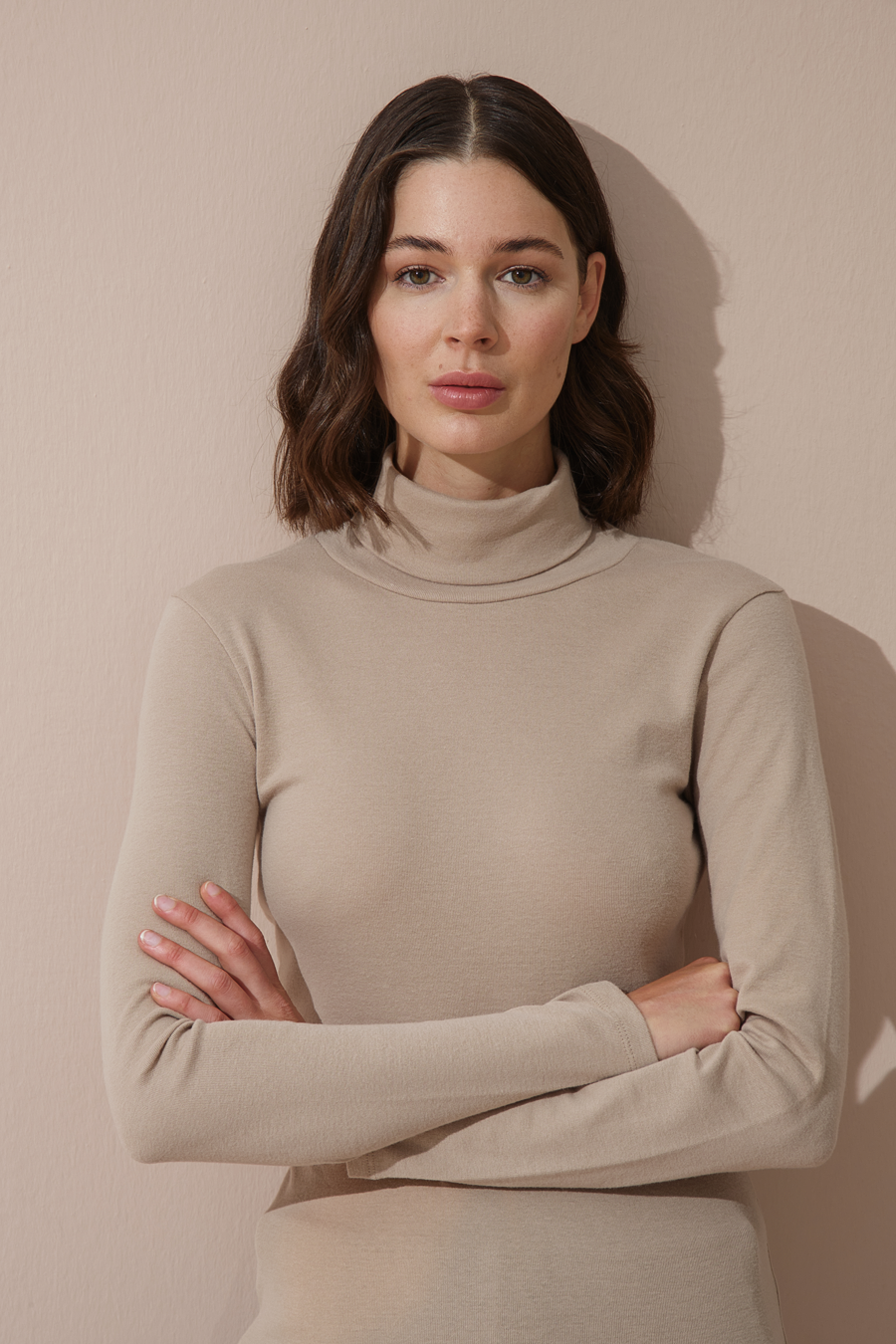 Turtleneck Fitted T-shirt in Micro-Ribbed Cotton