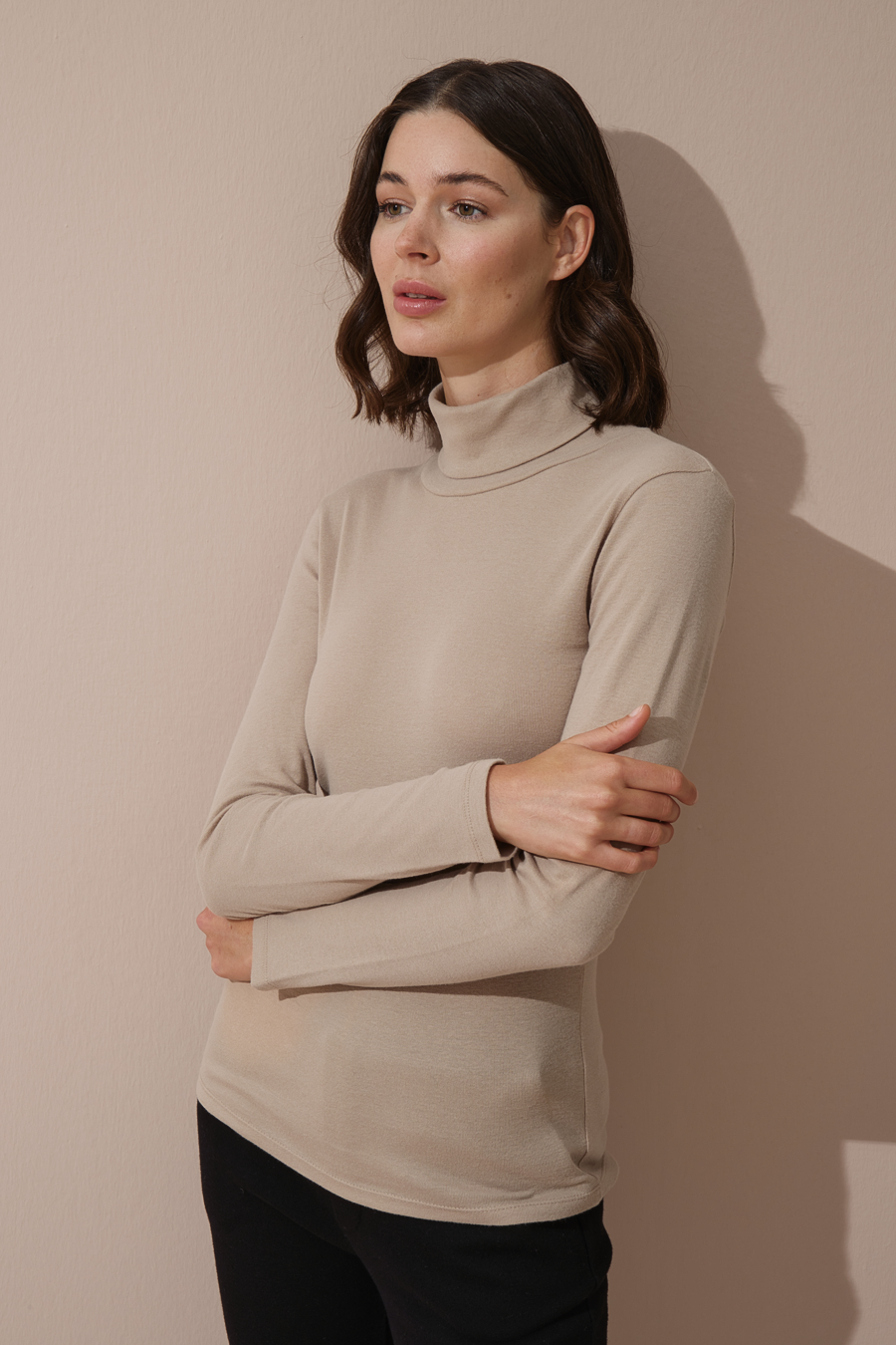 Turtleneck Fitted T-shirt in Micro-Ribbed Cotton