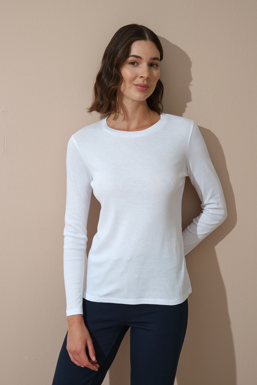 Long Sleeve Fitted T-shirt in Micro-Ribbed Cotton