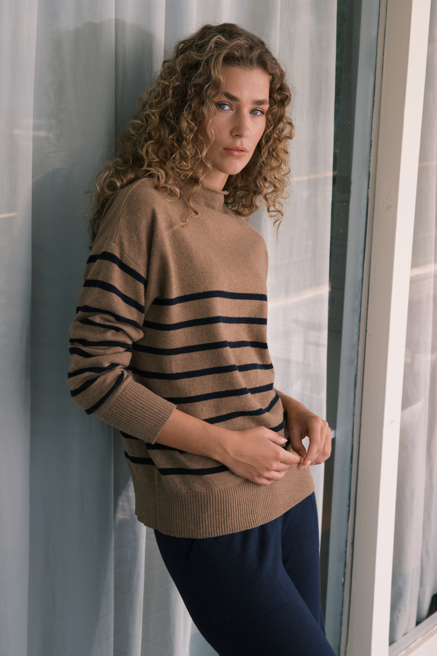 Rolled Neck Striped Cashmere Merino Sweater