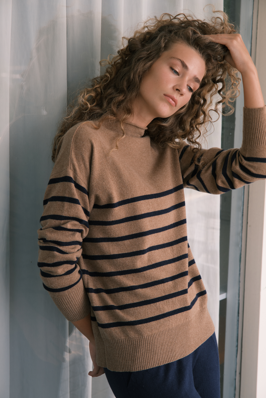 Rolled Neck Striped Cashmere Merino Sweater