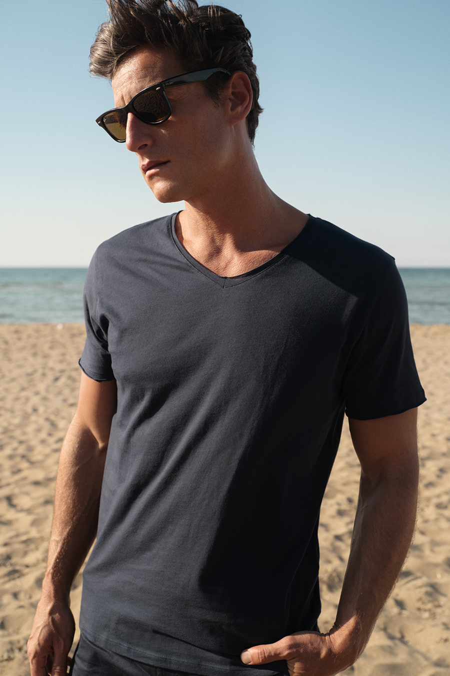 Raw Edge V Neck T-shirt with Back Stitching in Lightweight Cotton