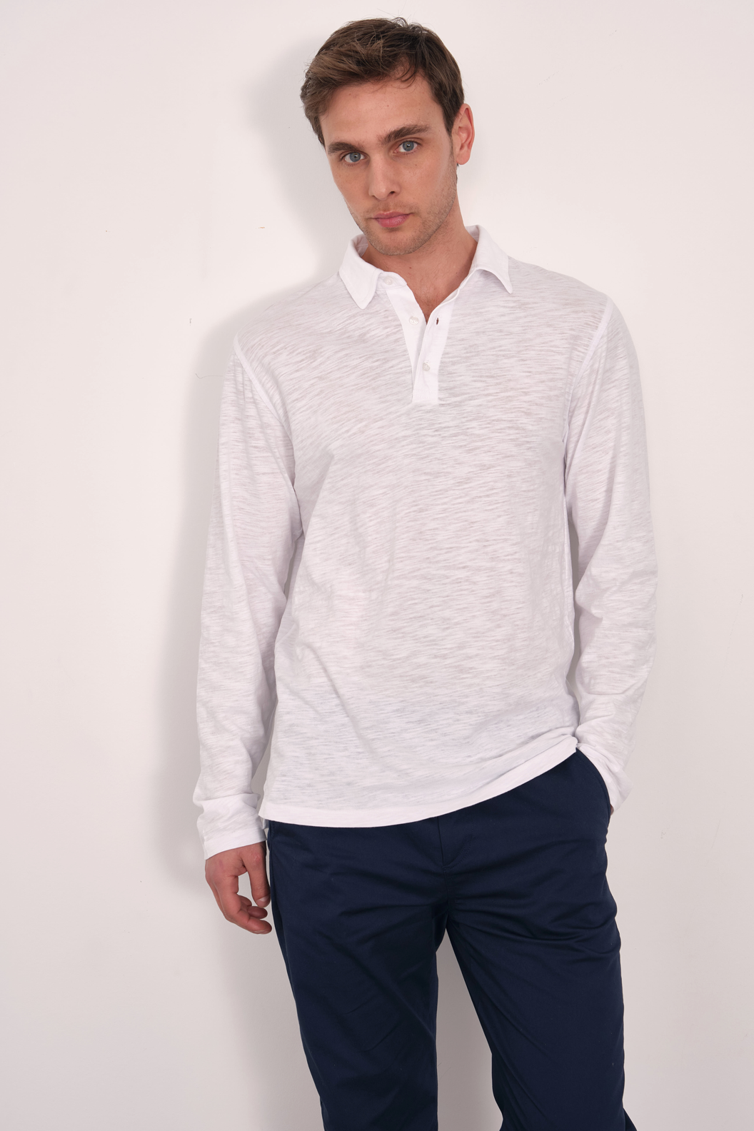 Long Sleeve Polo Neck T-shirt in Slub Cotton