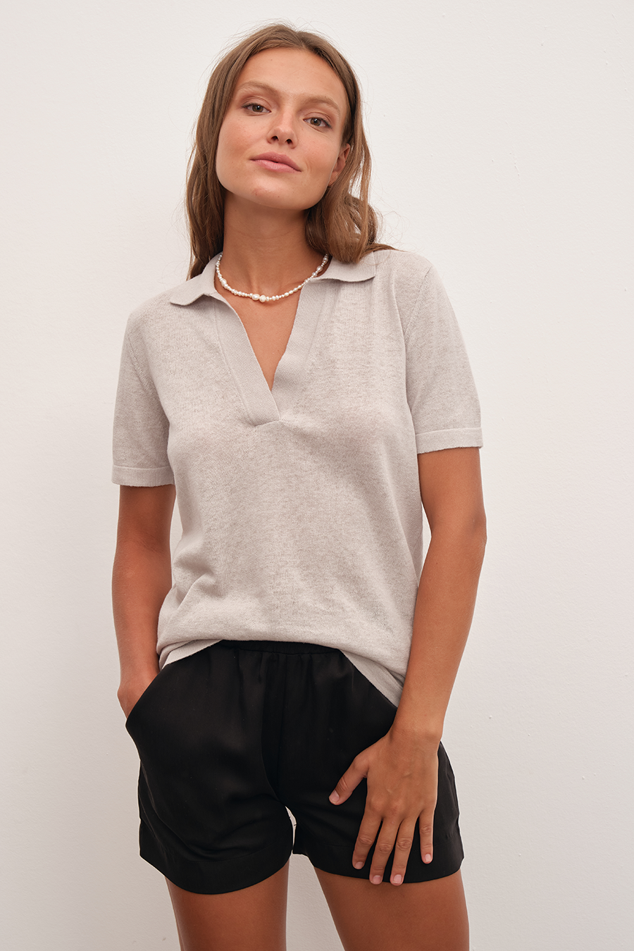 Polo Neck Knit Tee in Cotton/Linen Blend