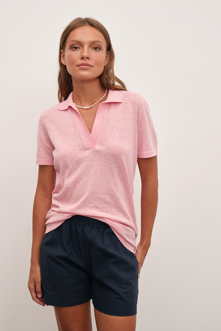 Polo Neck Knit Tee in Cotton/Linen Blend