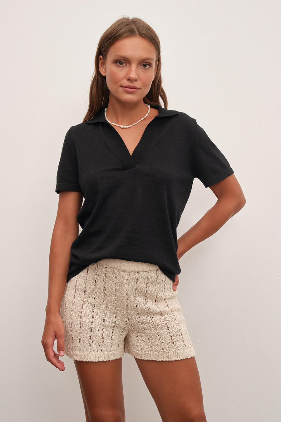 Polo Neck Knit Tee in Cotton/Linen Blend