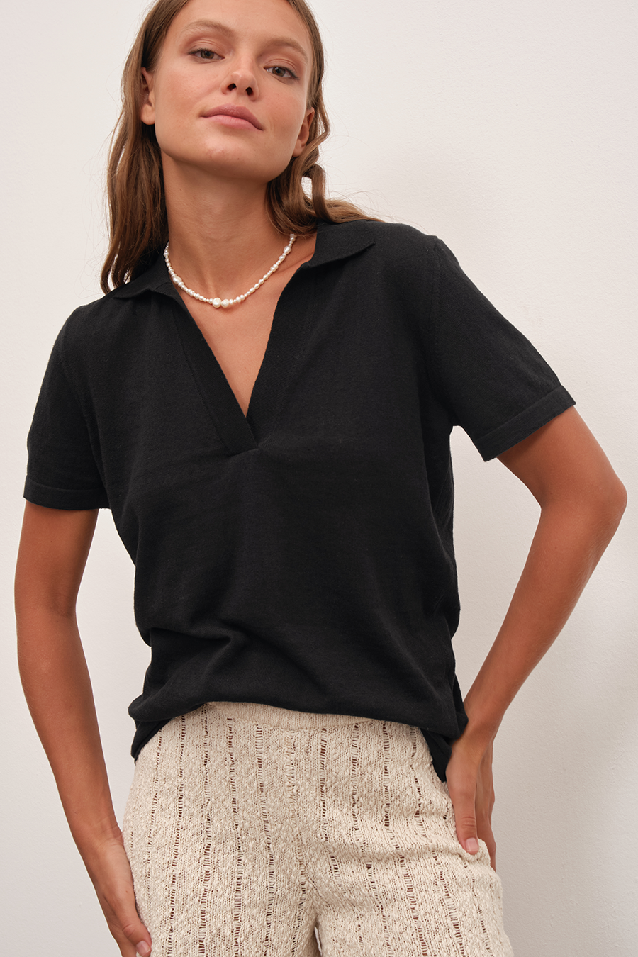 Polo Neck Knit Tee in Cotton/Linen Blend