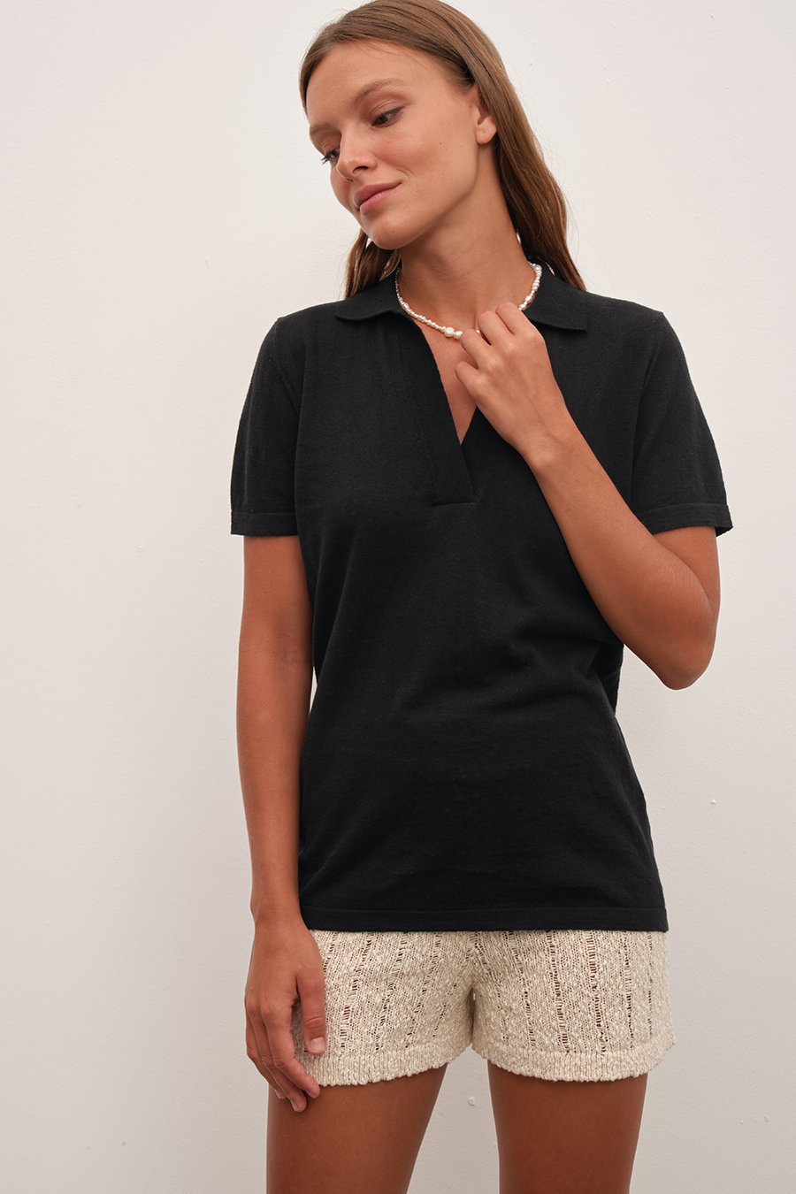Polo Neck Knit Tee in Cotton/Linen Blend