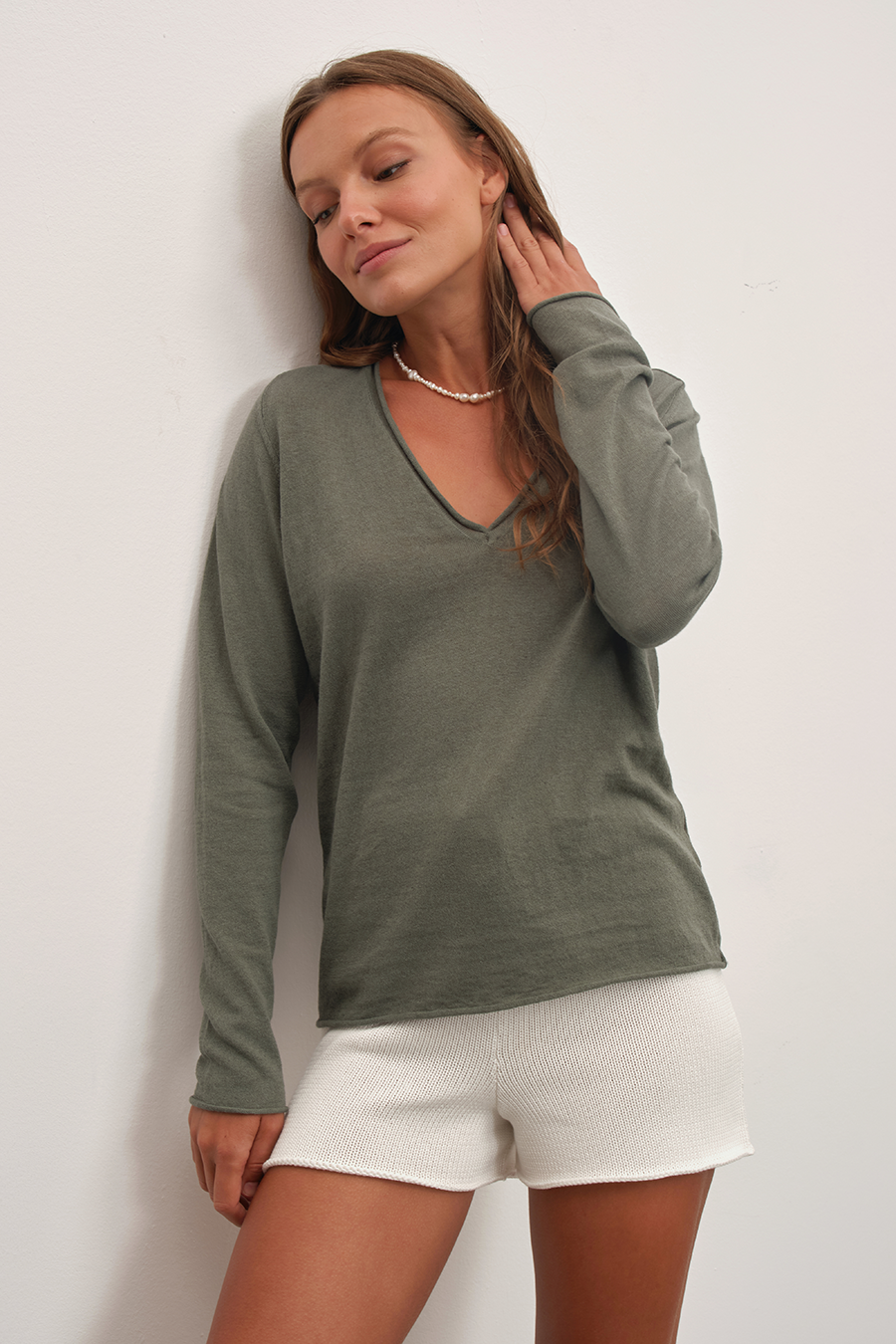 Lightweight V Neck Sweater in Cotton/Linen Blend