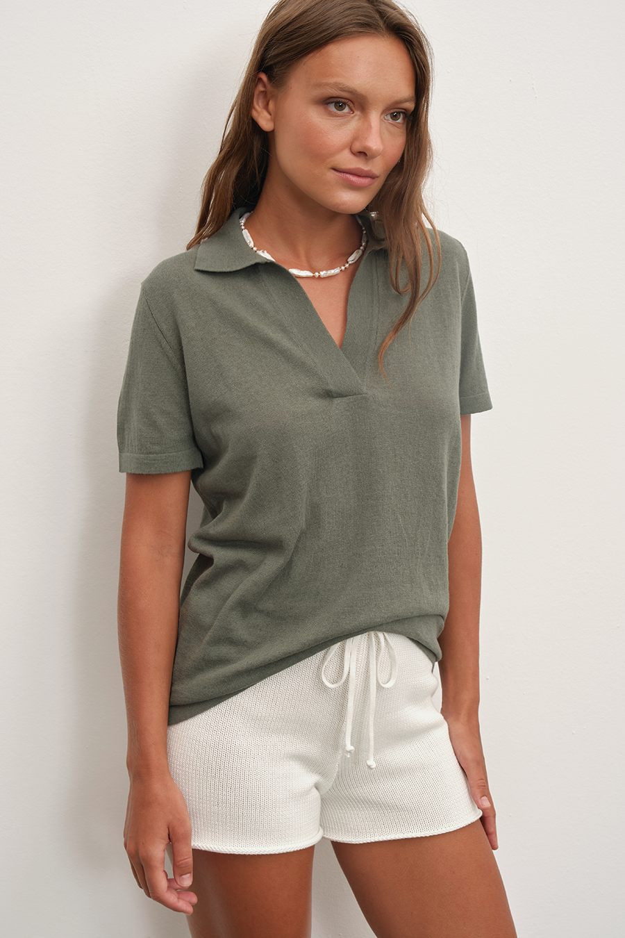 Polo Neck Knit Tee in Cotton/Linen Blend