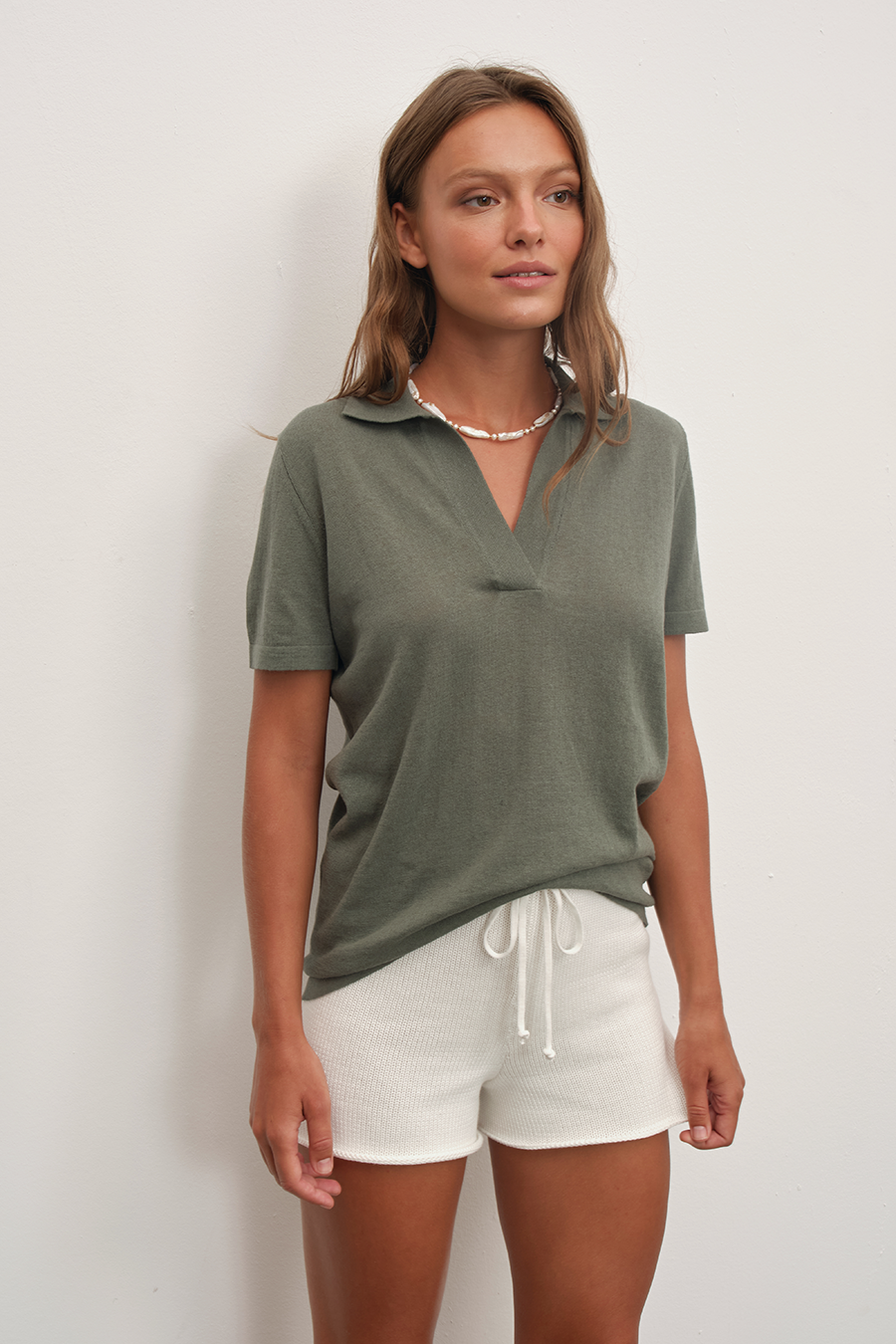 Polo Neck Knit Tee in Cotton/Linen Blend