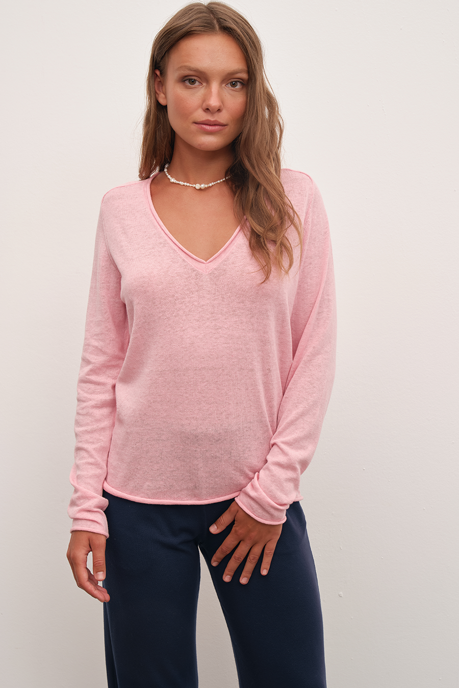 Lightweight V Neck Sweater in Cotton/Linen Blend