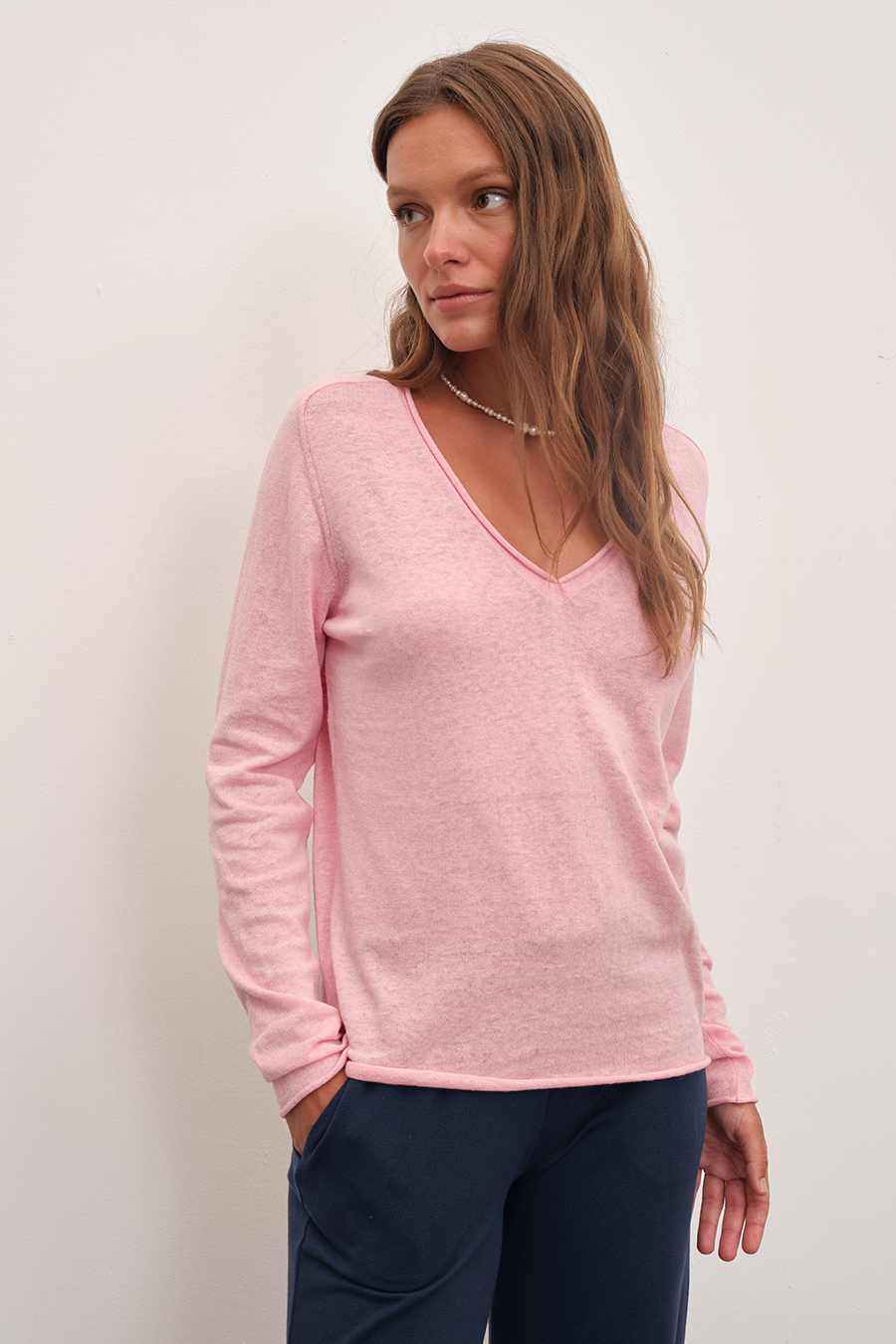 Lightweight V Neck Sweater in Cotton/Linen Blend