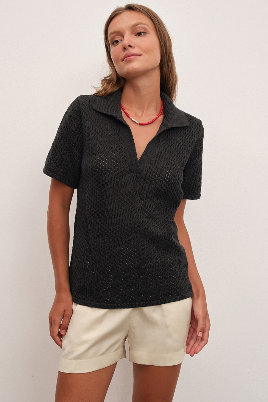 Polo Neck Crochet Knit Tee in Organic Cotton